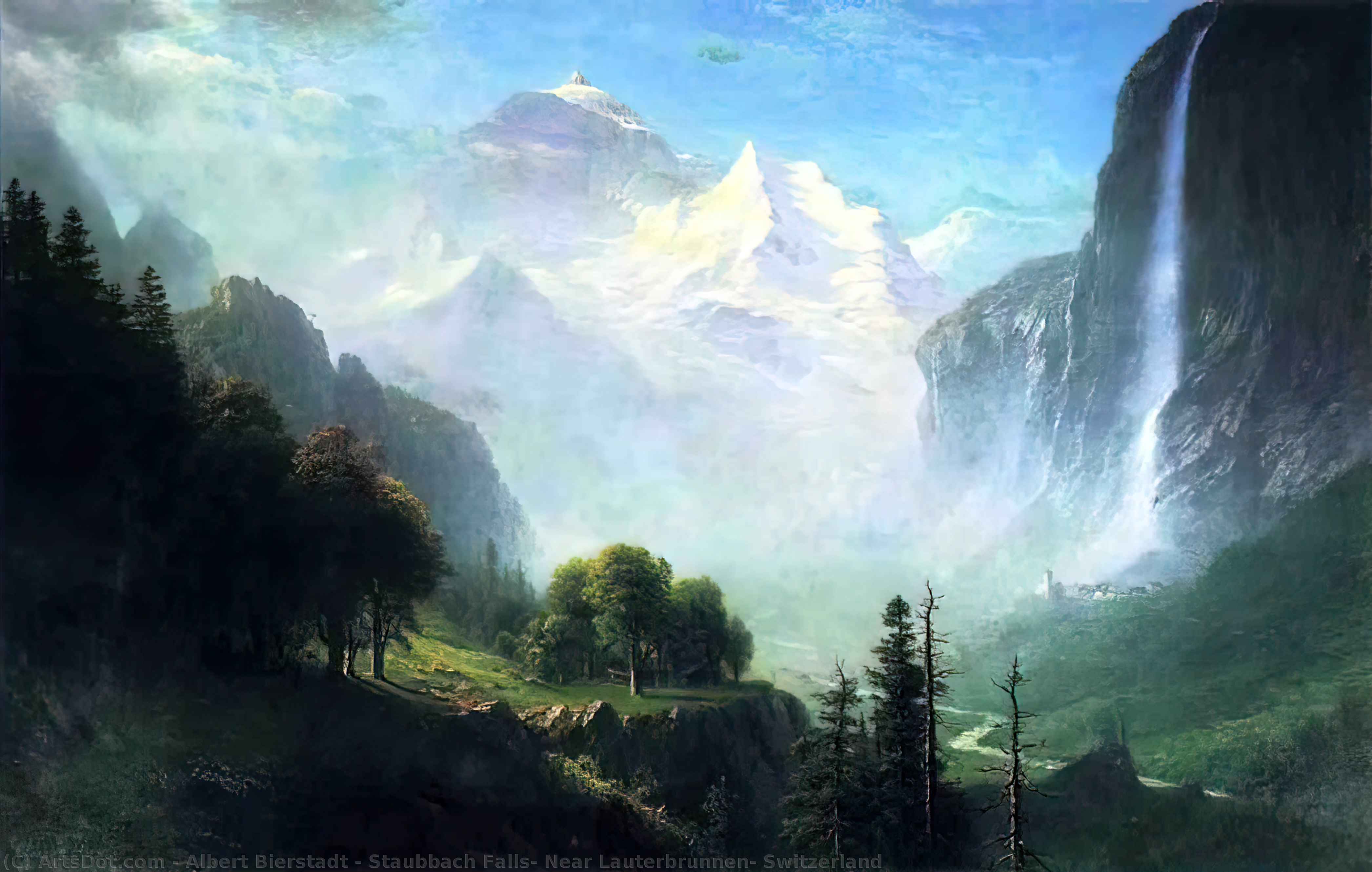 Order Oil Painting Replica Staubbach Falls, Near Lauterbrunnen, Switzerland, 1856 by Albert Bierstadt (1830-1902, Germany) | ArtsDot.com