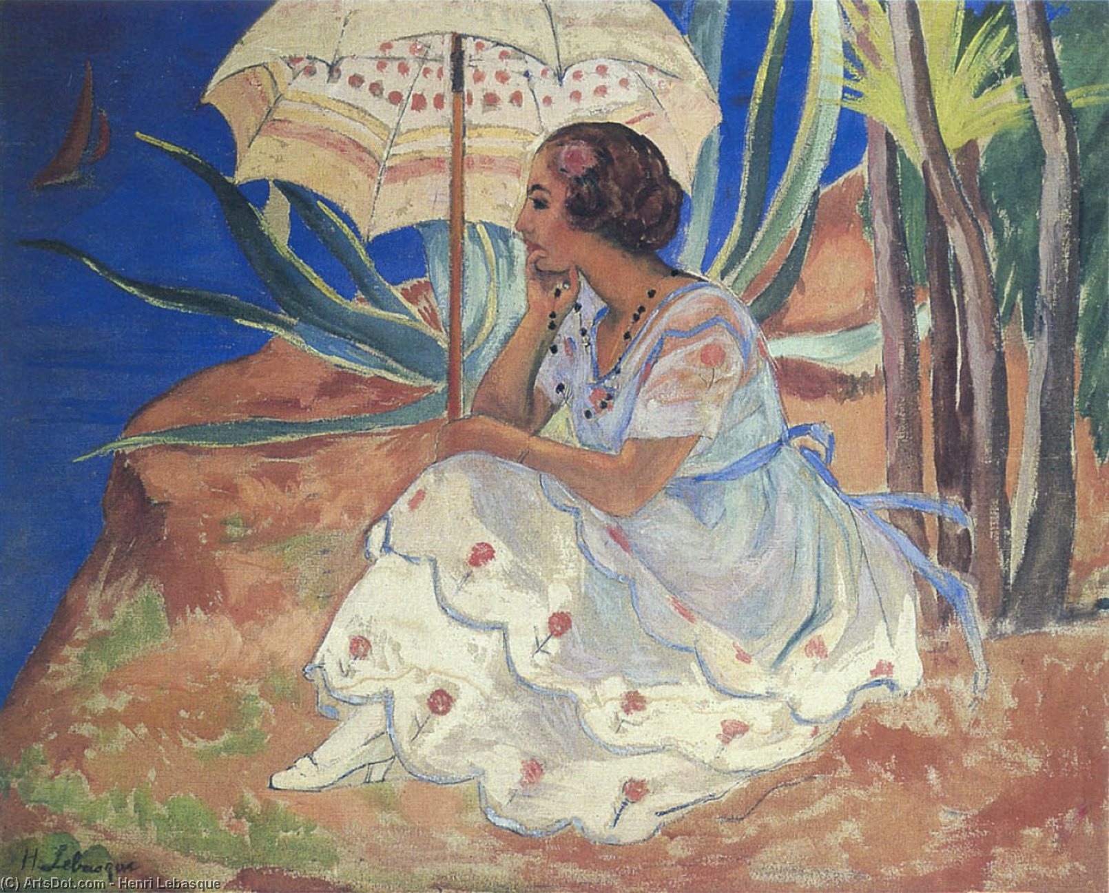 Order Art Reproductions Young woman with Umbrella at St Maxime, 1918 by Henri Lebasque (1865-1937, France) | ArtsDot.com