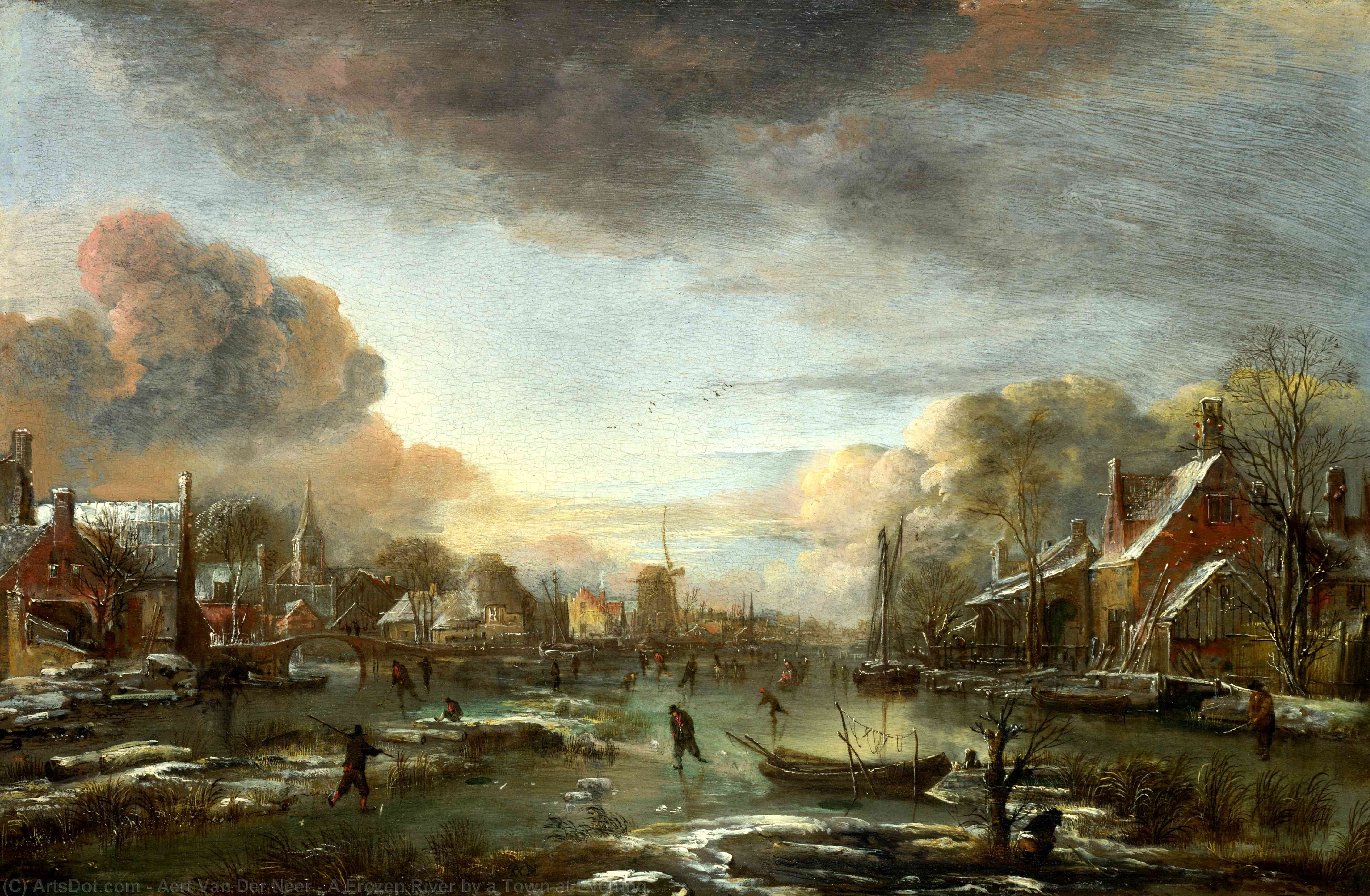 Buy Museum Art Reproductions A Frozen River by a Town at Evening by Aert Van Der Neer (1604-1677, Netherlands) | ArtsDot.com