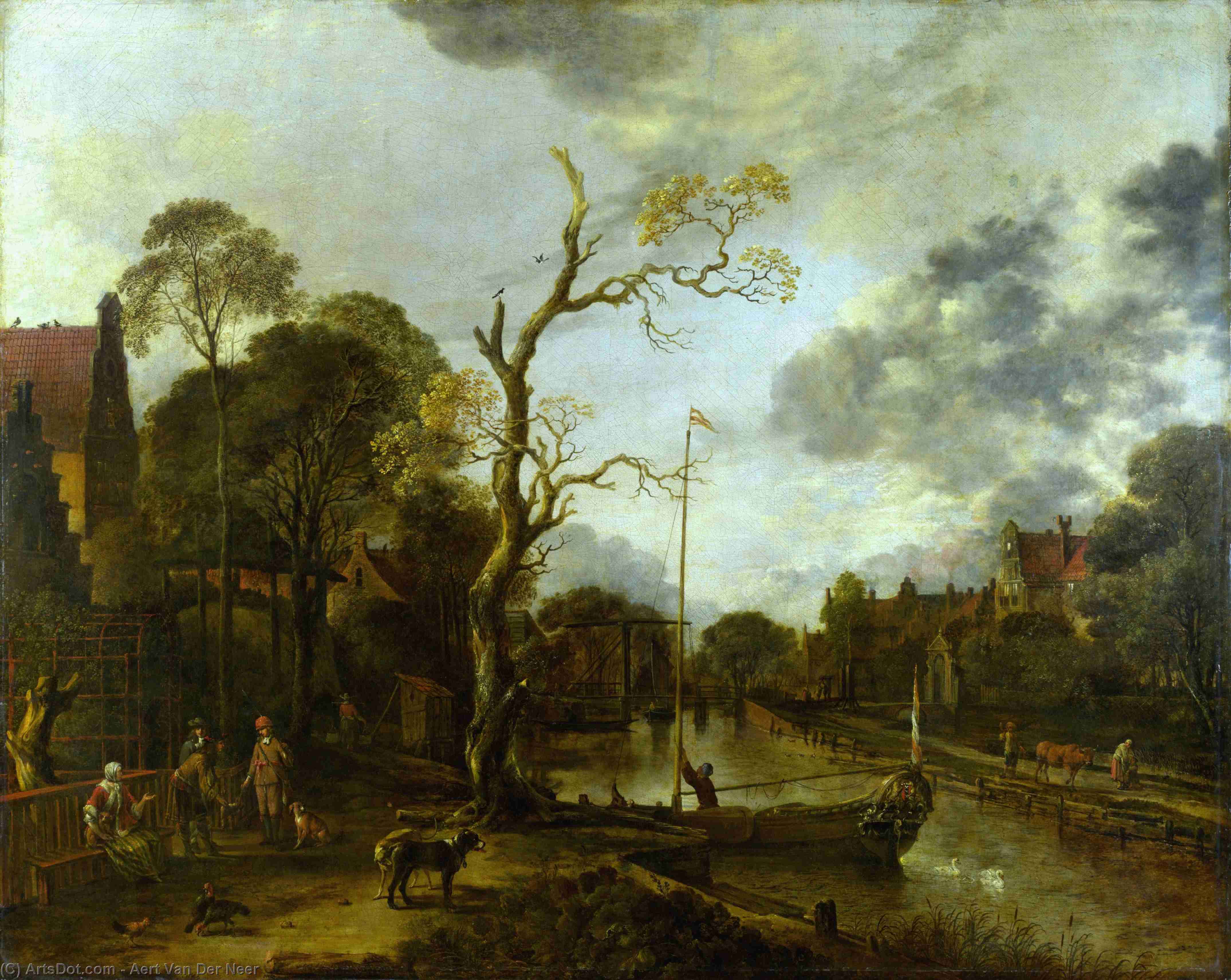 Order Art Reproductions A View along a River near a Village at Evening by Aert Van Der Neer (1604-1677, Netherlands) | ArtsDot.com