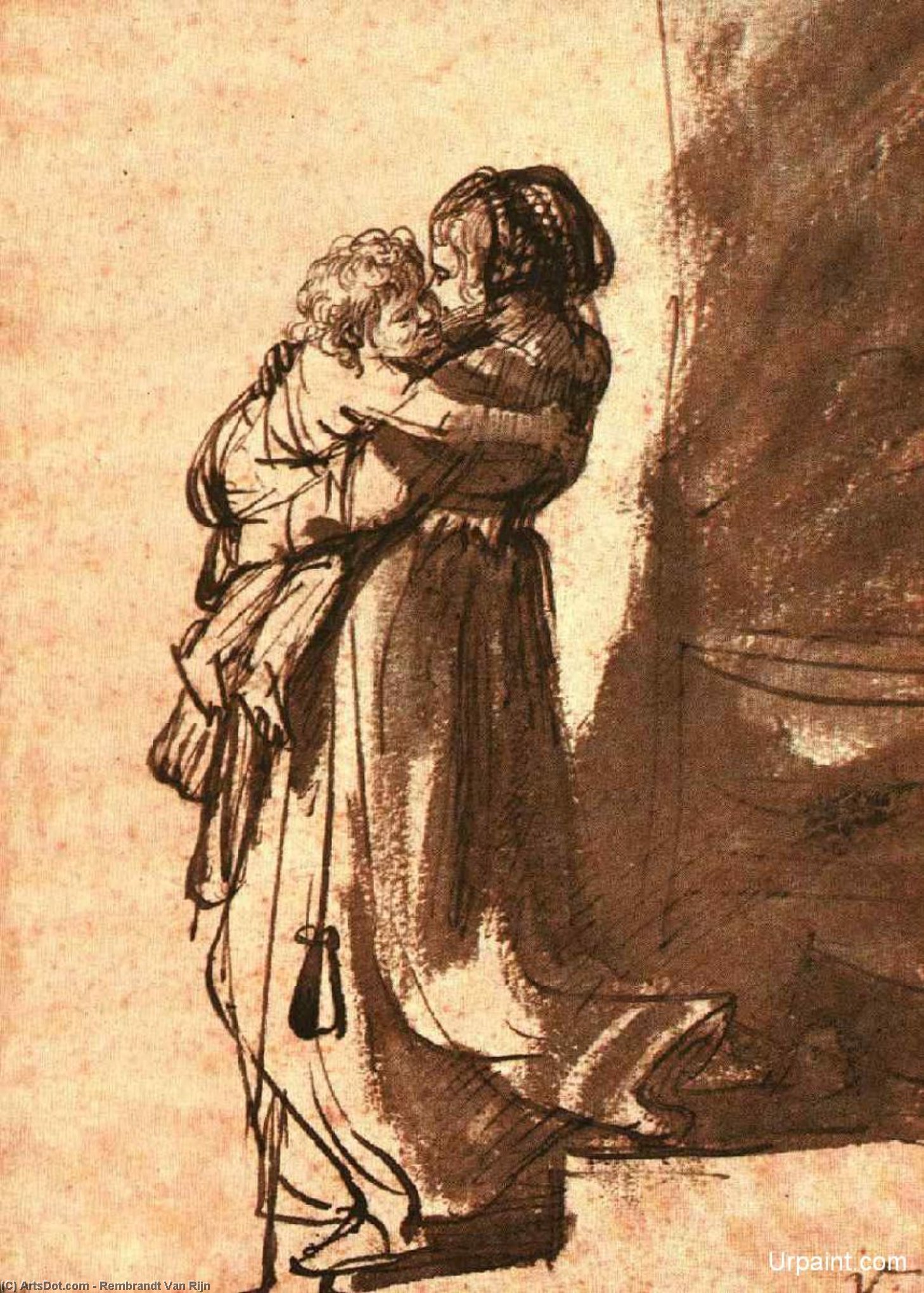 Order Art Reproductions Woman Carrying a Child Downstairs, Ink and w, 1636 by Rembrandt Van Rijn (1606-1669, Netherlands) | ArtsDot.com