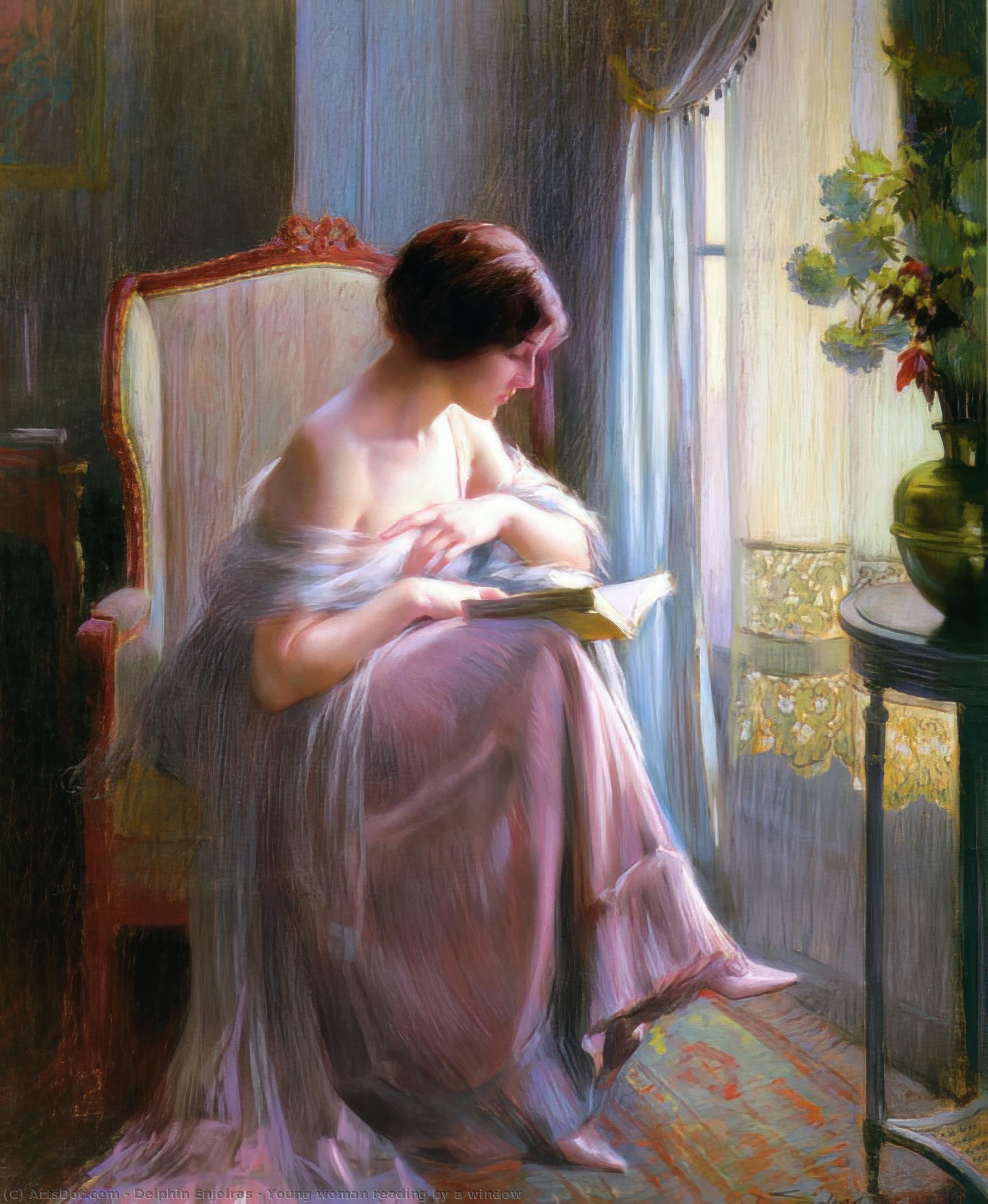 Order Oil Painting Replica Young woman reading by a window by Delphin Enjolras (1865-1945, France) | ArtsDot.com