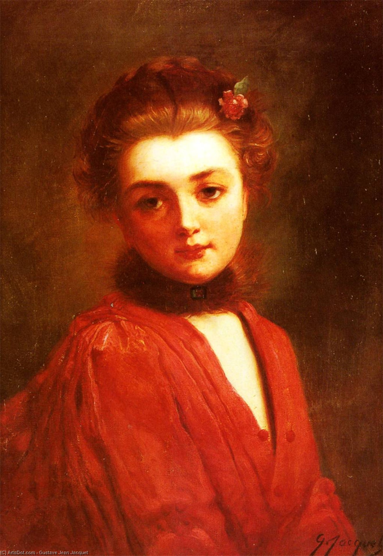 Order Oil Painting Replica Portrait of a girl in a red dress by Gustave Jean Jacquet (1846-1909, France) | ArtsDot.com