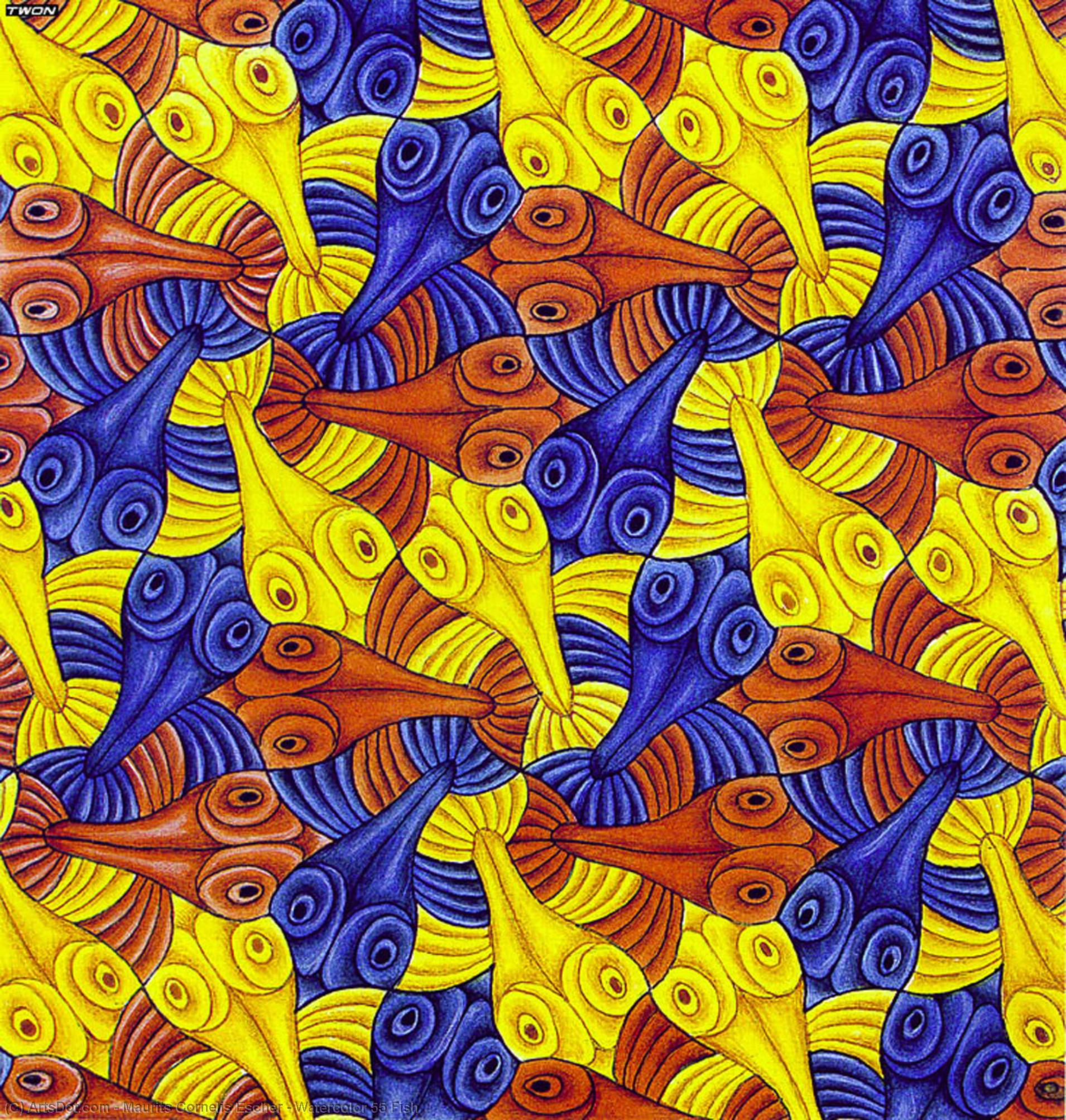 Order Paintings Reproductions Watercolor 55 Fish by Maurits Cornelis Escher (Inspired By) (1898-1972, Netherlands) | ArtsDot.com