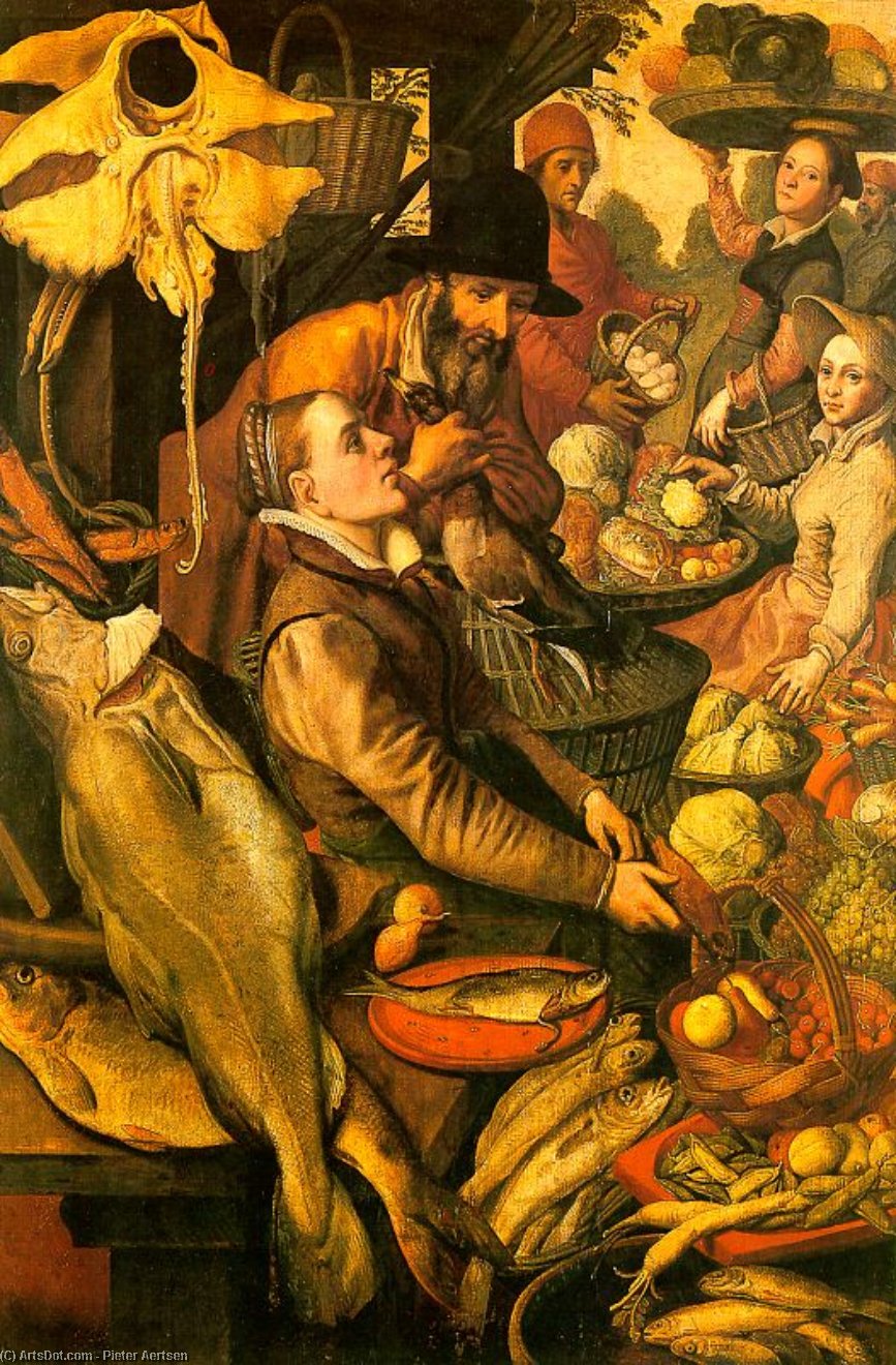 Order Paintings Reproductions Market Scene, undated, oil on wood, Wallraf-Richartz by Pieter Aertsen (1508-1575, Netherlands) | ArtsDot.com