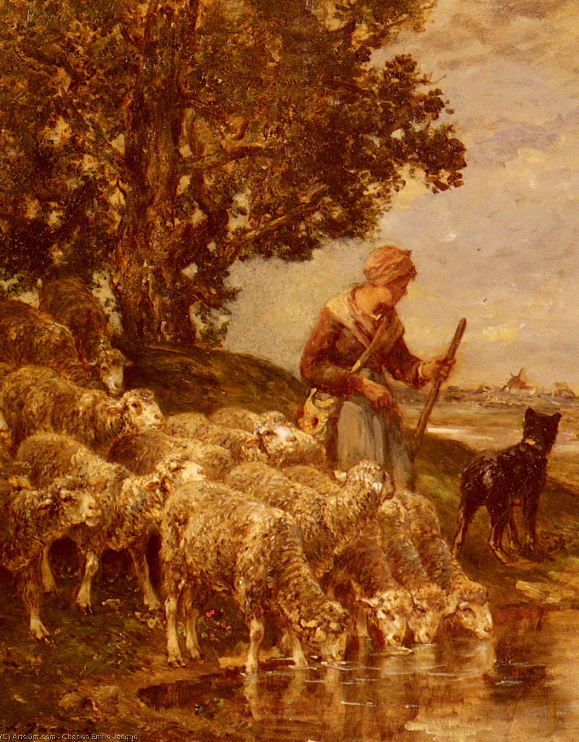 Order Artwork Replica A shepardess watering her flock by Charles Émile Jacque (1813-1894, France) | ArtsDot.com