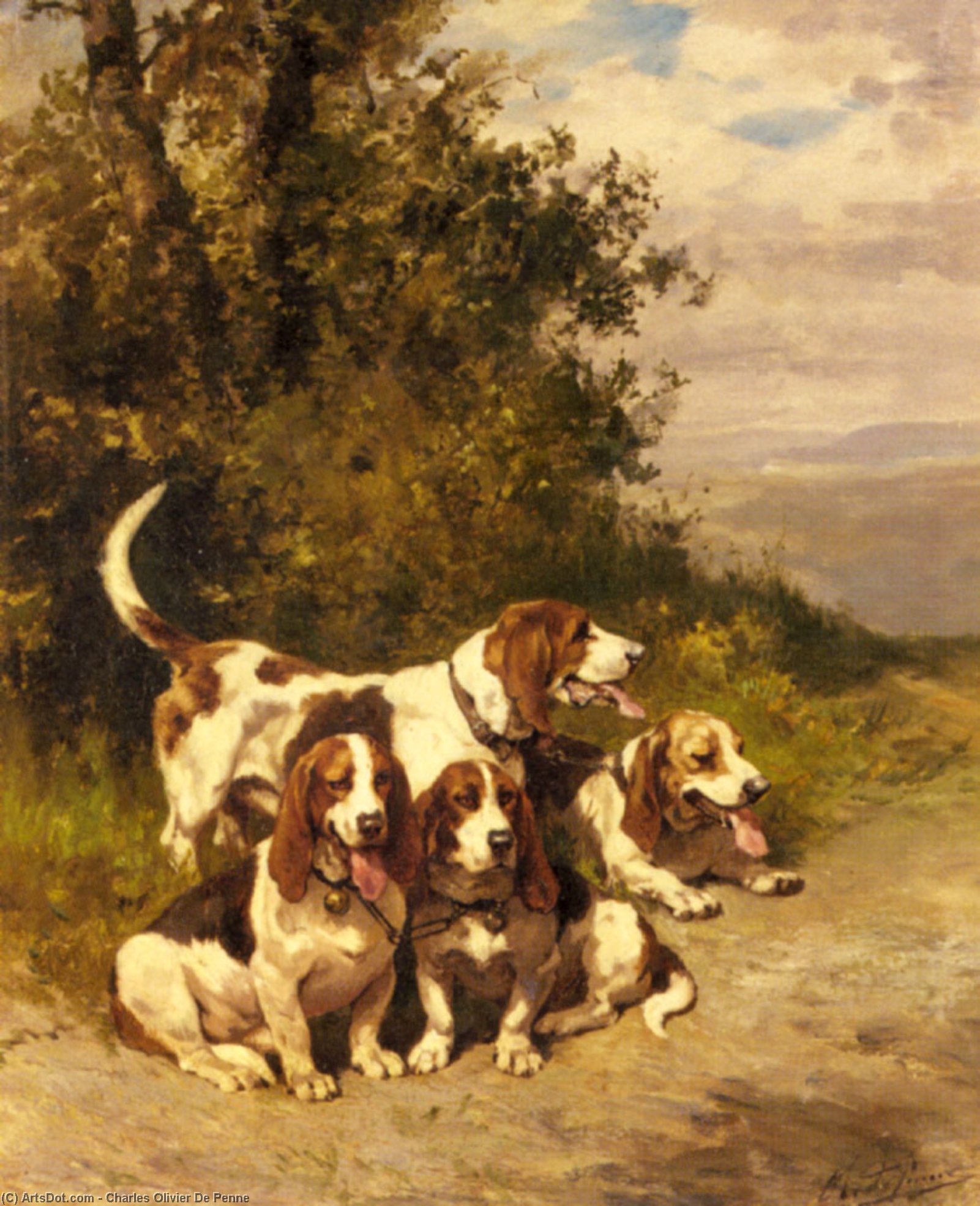 Order Art Reproductions Hunting Dogs on a Forest Path by Charles Olivier De Penne (1831-1897, France) | ArtsDot.com