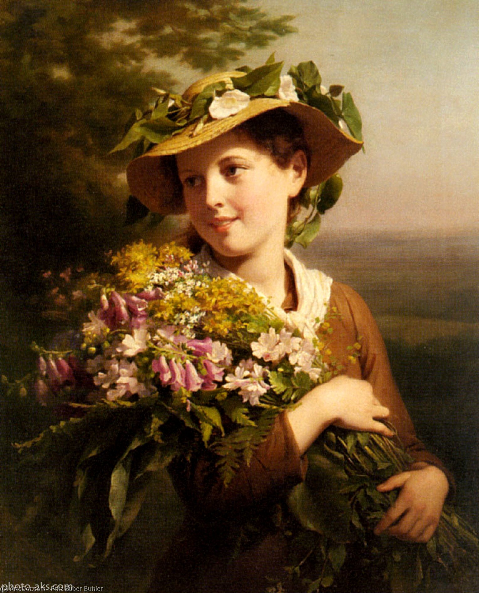 Buy Museum Art Reproductions A Young Beauty holding a Bouquet of Flowers by Fritz Zuber Buhler (1822-1896, Switzerland) | ArtsDot.com