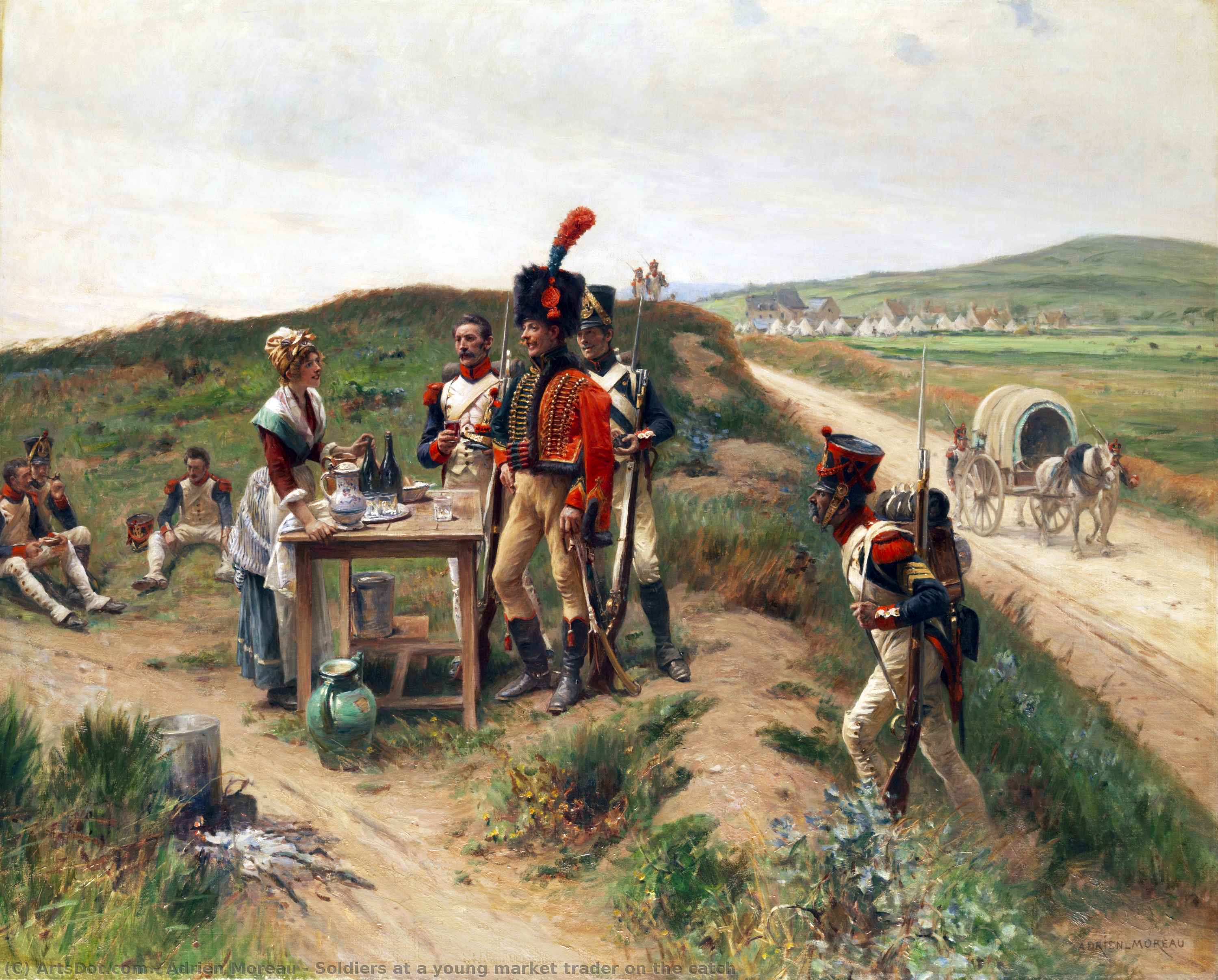 Order Oil Painting Replica Soldiers at a young market trader on the catch by Adrien Moreau (1843-1906, France) | ArtsDot.com