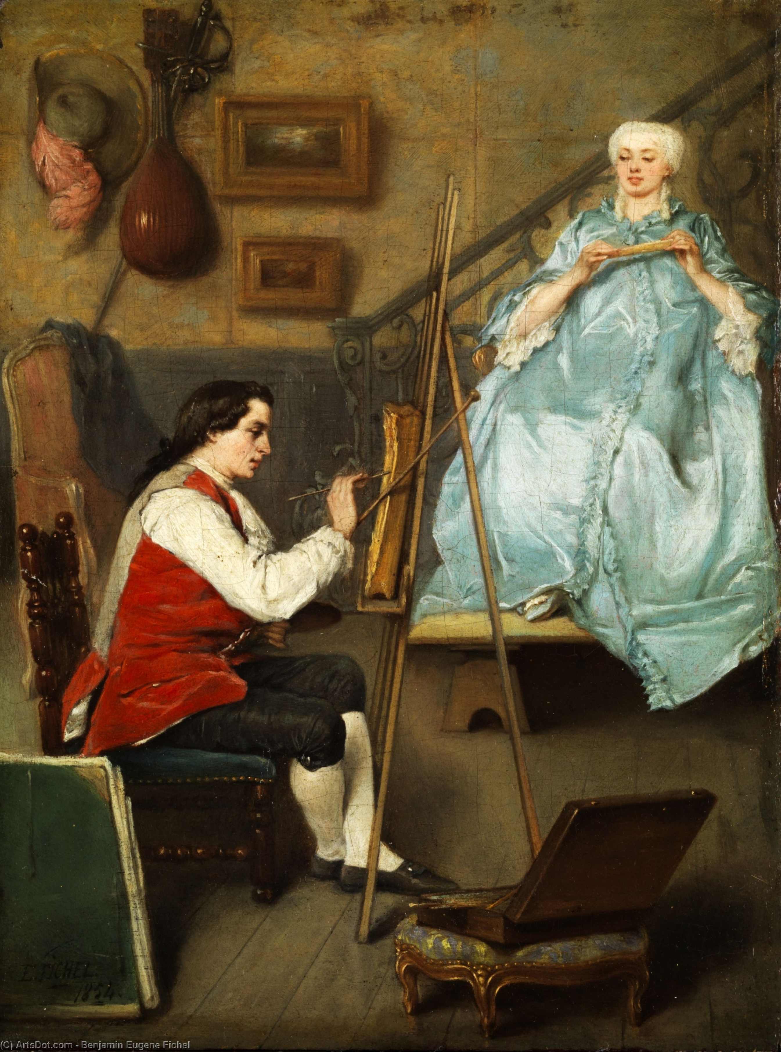 Buy Museum Art Reproductions Young painter portraiting a young women in a blue silk dress. by Benjamin Eugene Fichel (1826-1895, France) | ArtsDot.com