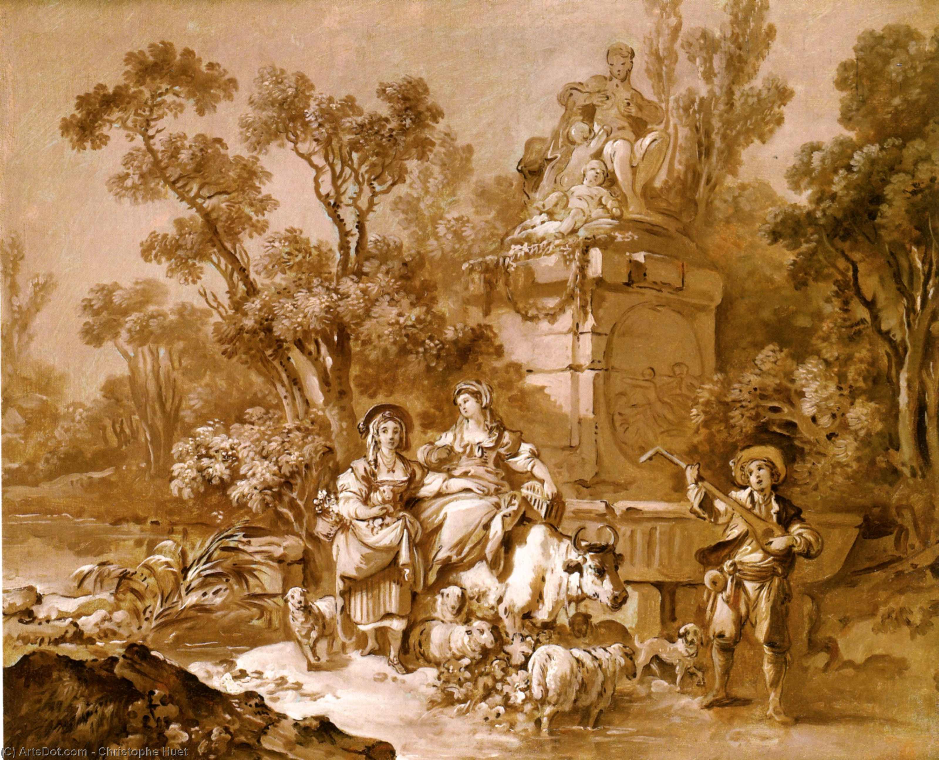 Order Artwork Replica Bergeres and musician resting near a monument by Christophe Huet (1700-1759, France) | ArtsDot.com