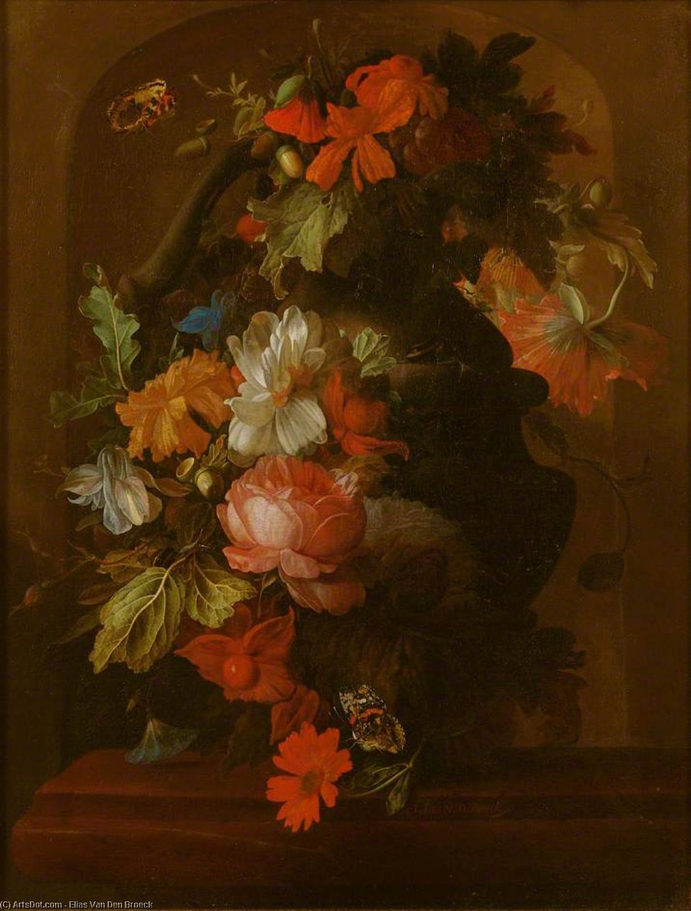 Order Paintings Reproductions Still Life with Flowers and Butterflies by Elias Van Den Broeck (1649-1708, Belgium) | ArtsDot.com