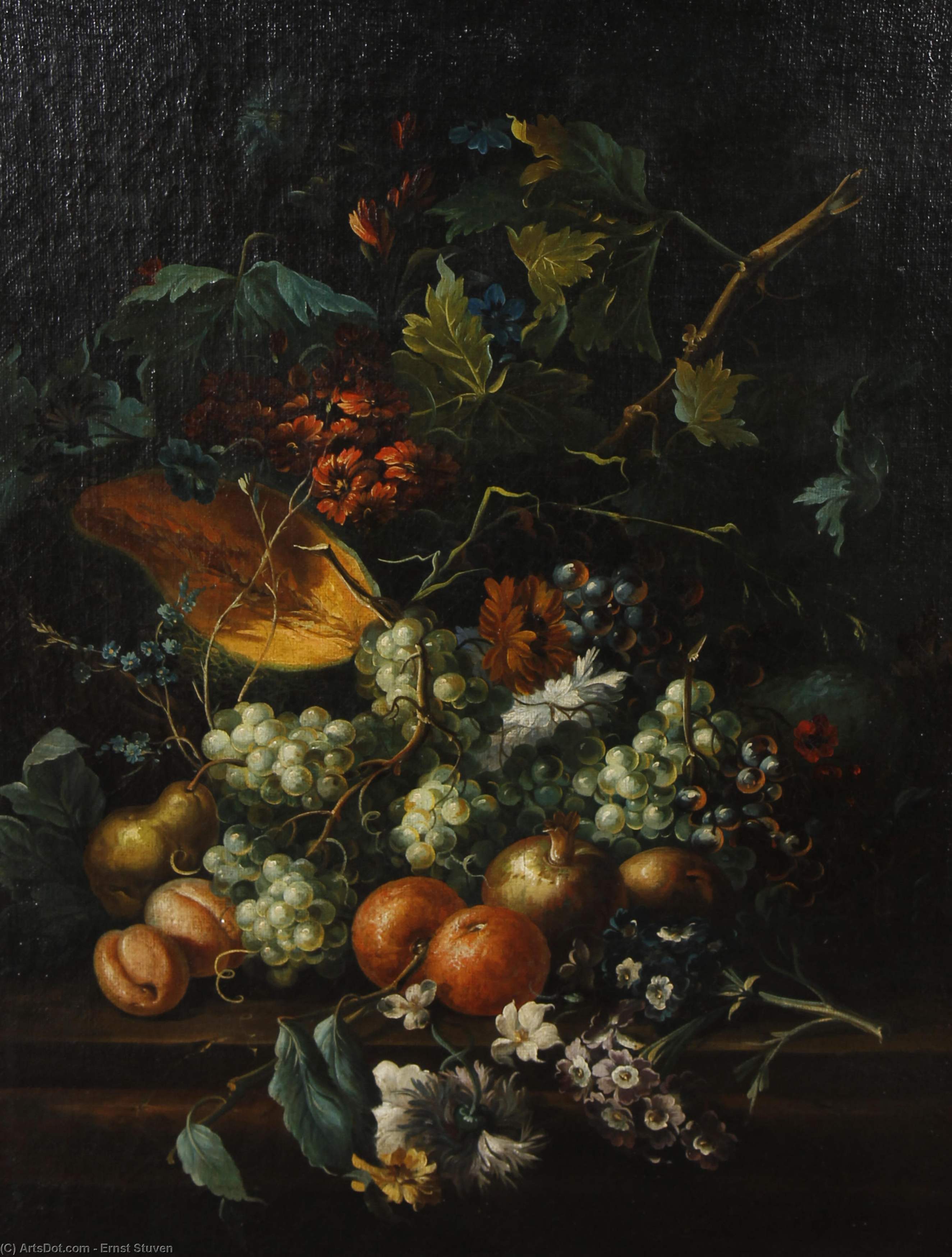 Order Paintings Reproductions Still life of grapes, a pumpkin, pomegranates, primroses and other flowers on a table ledge by Ernst Stuven (1657-1712, Germany) | ArtsDot.com
