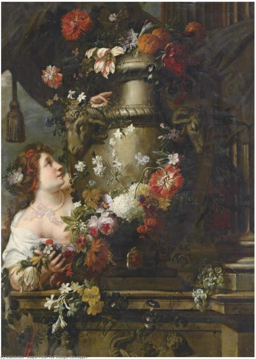 Buy Museum Art Reproductions A lady adorning a sculpted urn with roses, lilies and other flowers, with a draped column and grapes on a stone ledge by Gaspar Pieter The Younger Verbruggen (1664-1730, Belgium) | ArtsDot.com