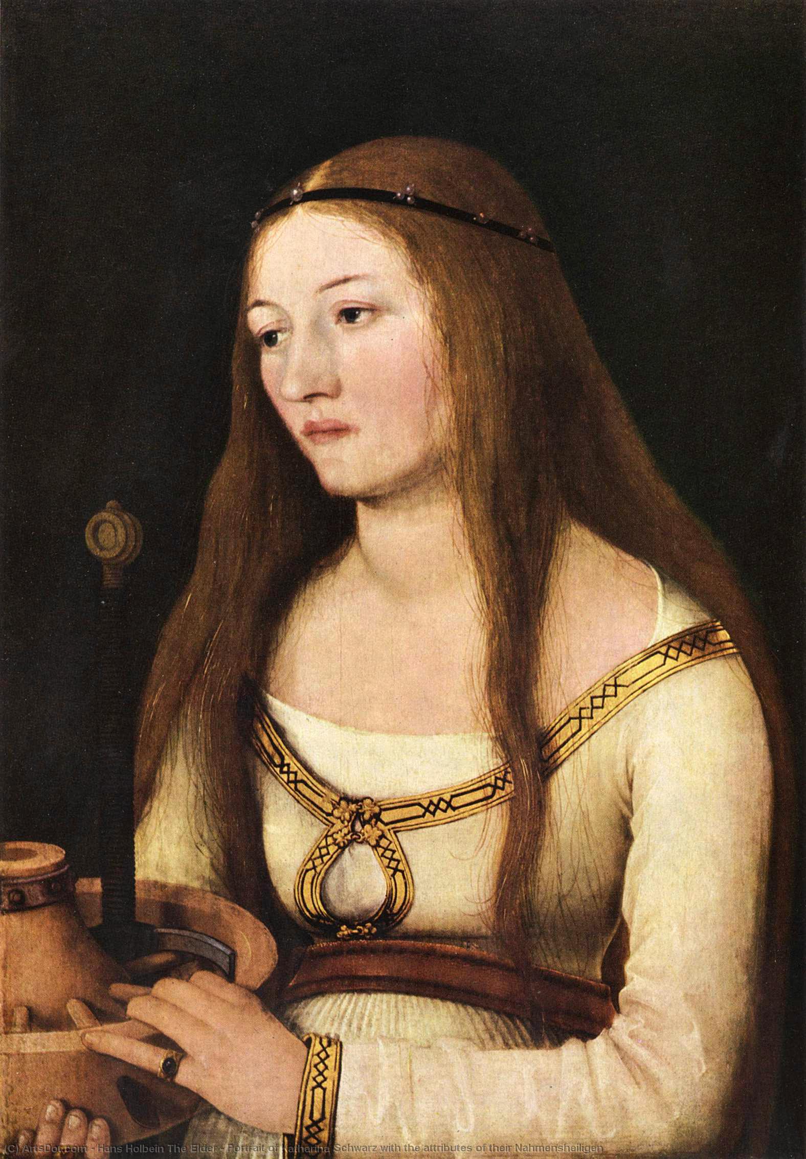 Order Oil Painting Replica Portrait of Katharina Schwarz with the attributes of their Nahmensheiligen by Hans Holbein The Elder | ArtsDot.com