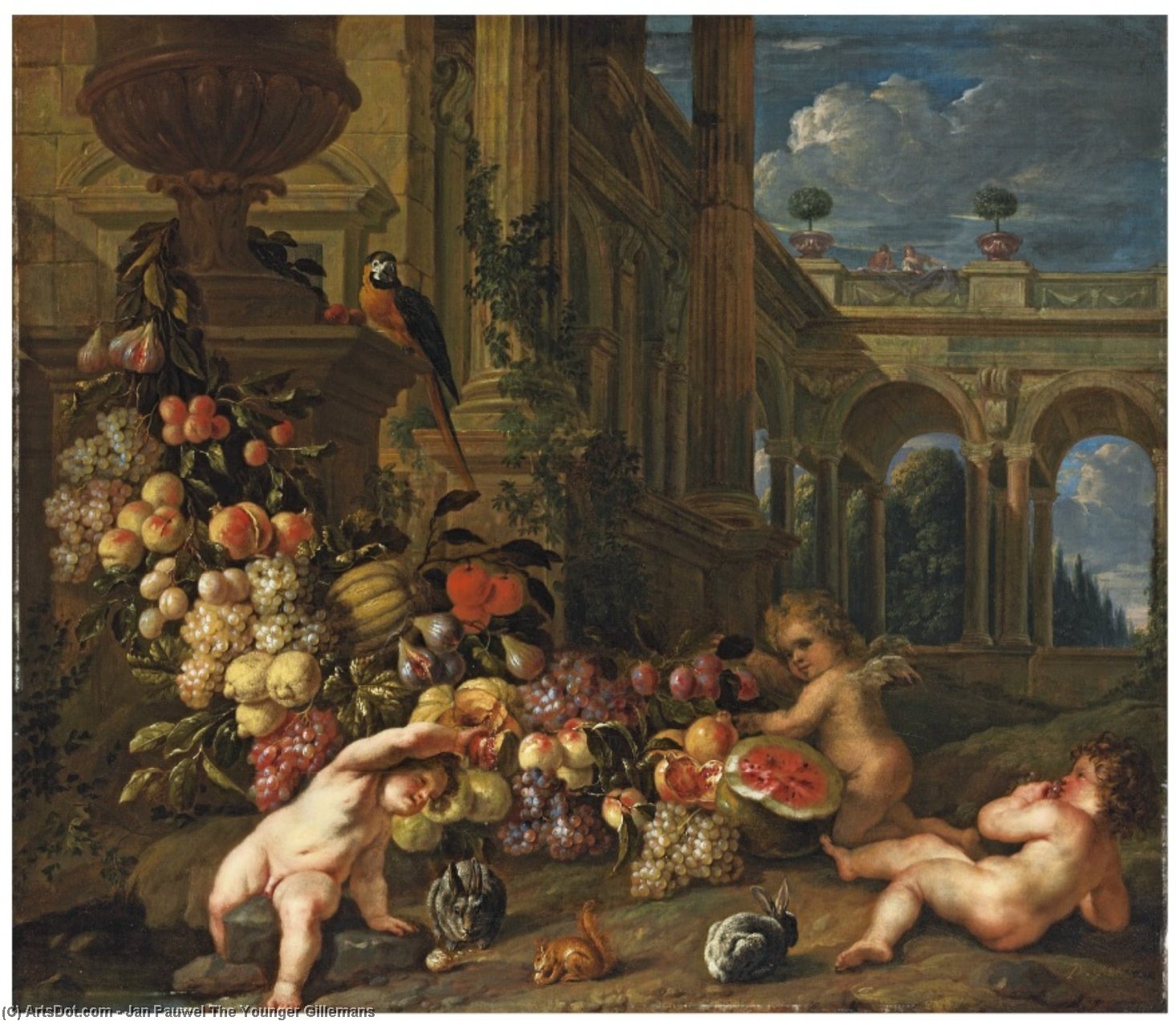 Buy Museum Art Reproductions An architectural capriccio with putti around a swag of fruit, with a parrot, squirrel and rabbits by Jan Pauwel The Younger Gillemans (1651-1704, Belgium) | ArtsDot.com