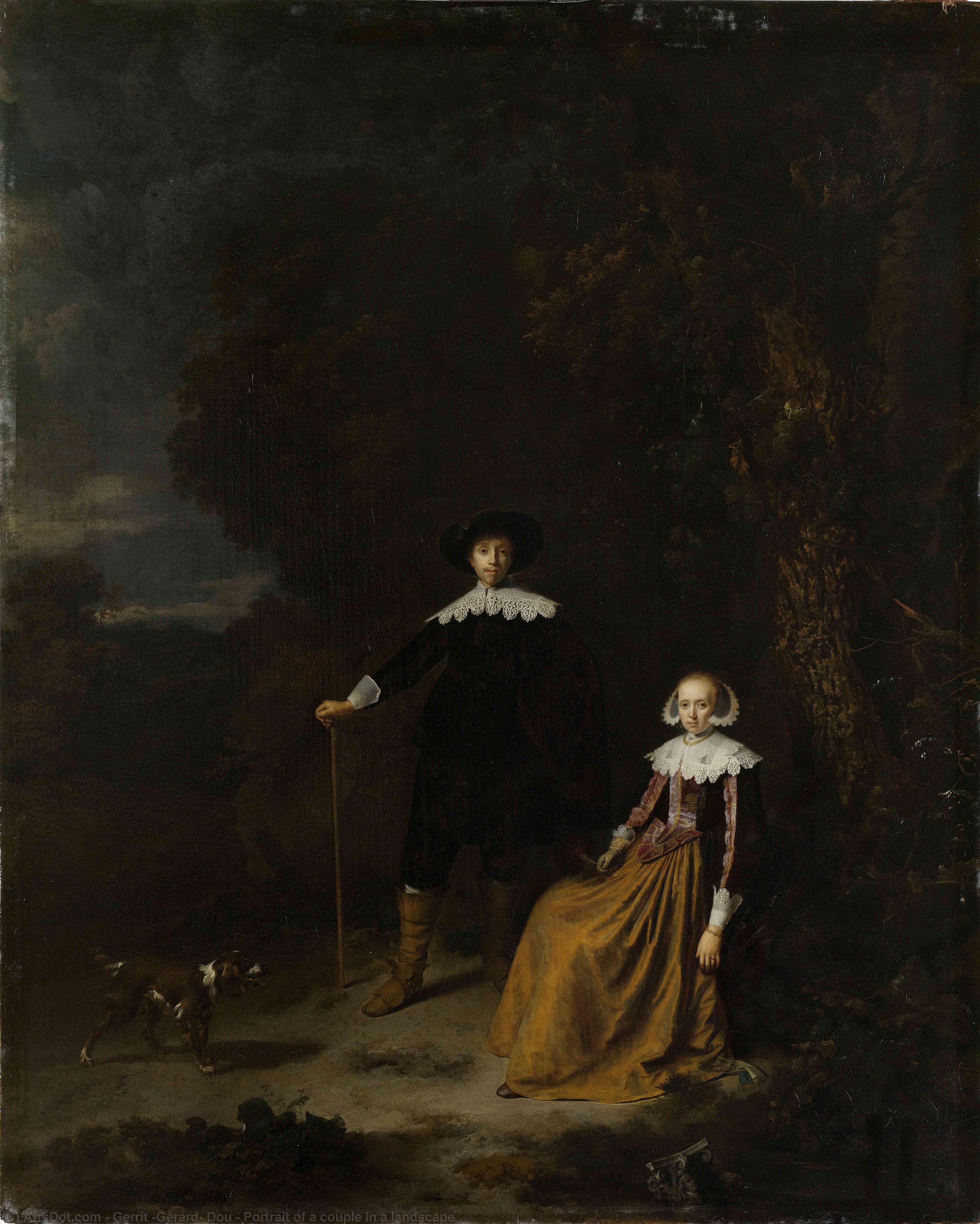 Order Paintings Reproductions Portrait of a couple in a landscape, 1635 by Gerrit (Gérard) Dou (1613-1675, Netherlands) | ArtsDot.com
