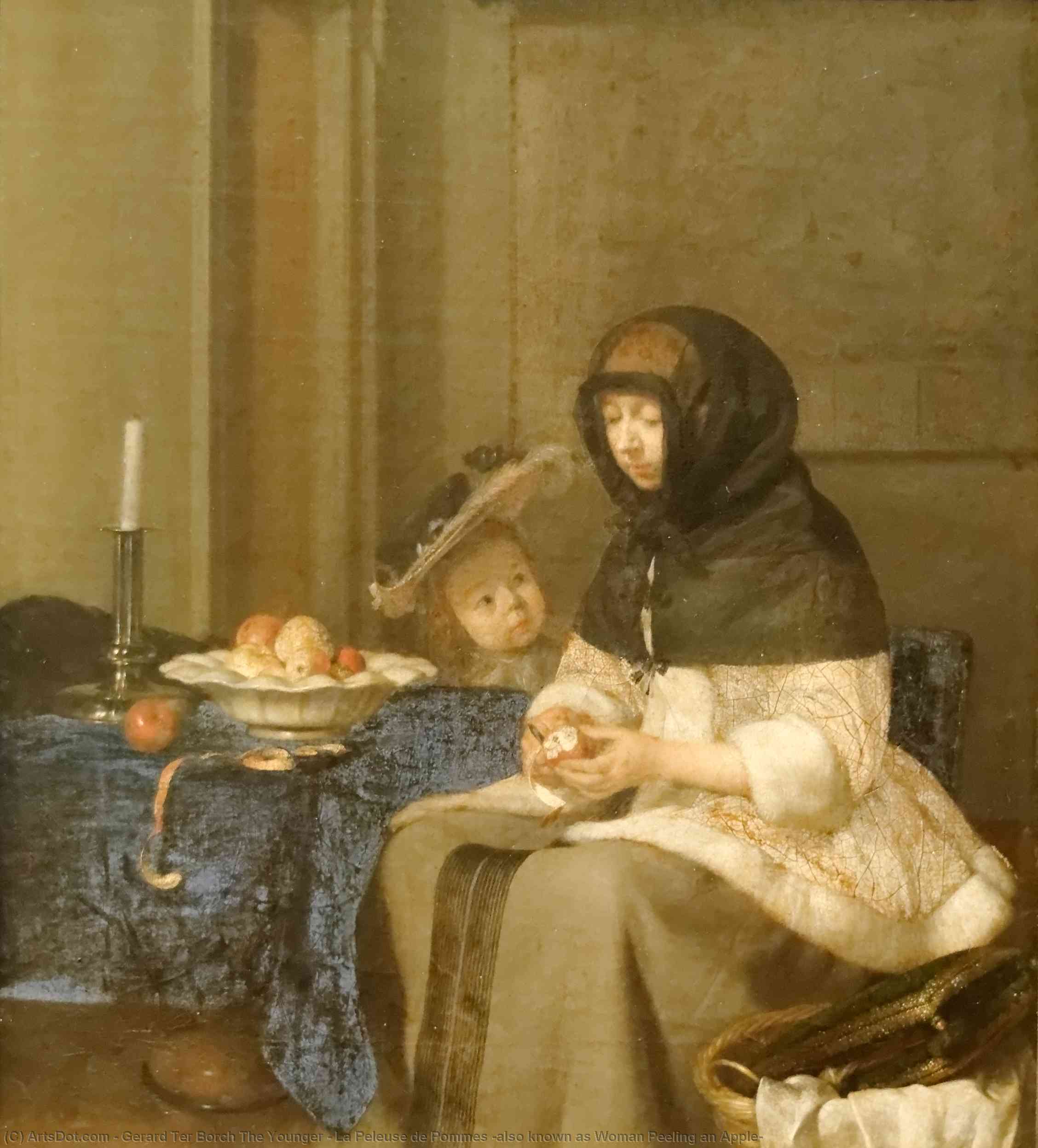 Buy Museum Art Reproductions La Peleuse de Pommes (also known as Woman Peeling an Apple), 1665 by Gerard Ter Borch The Younger (1617-1681, Netherlands) | ArtsDot.com