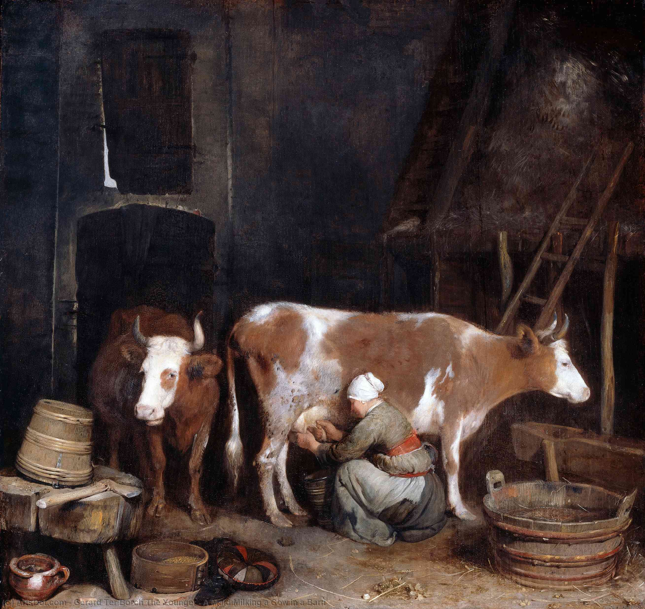 Order Paintings Reproductions A Maid Milking a Cow in a Barn, 1654 by Gerard Ter Borch The Younger (1617-1681, Netherlands) | ArtsDot.com