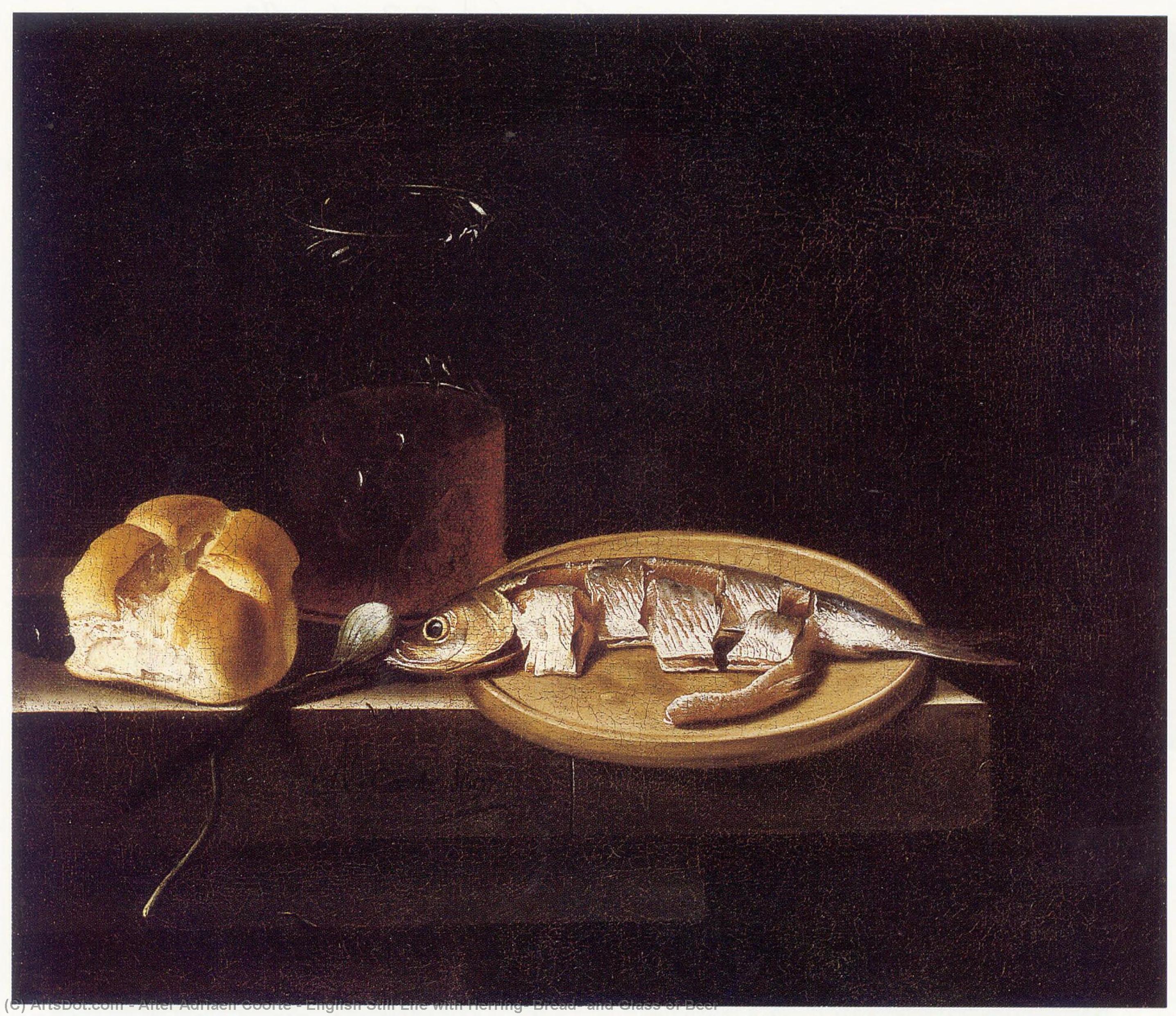 Order Oil Painting Replica English Still Life with Herring, Bread, and Glass of Beer, 1697 by After Adriaen Coorte (1665-1707) | ArtsDot.com