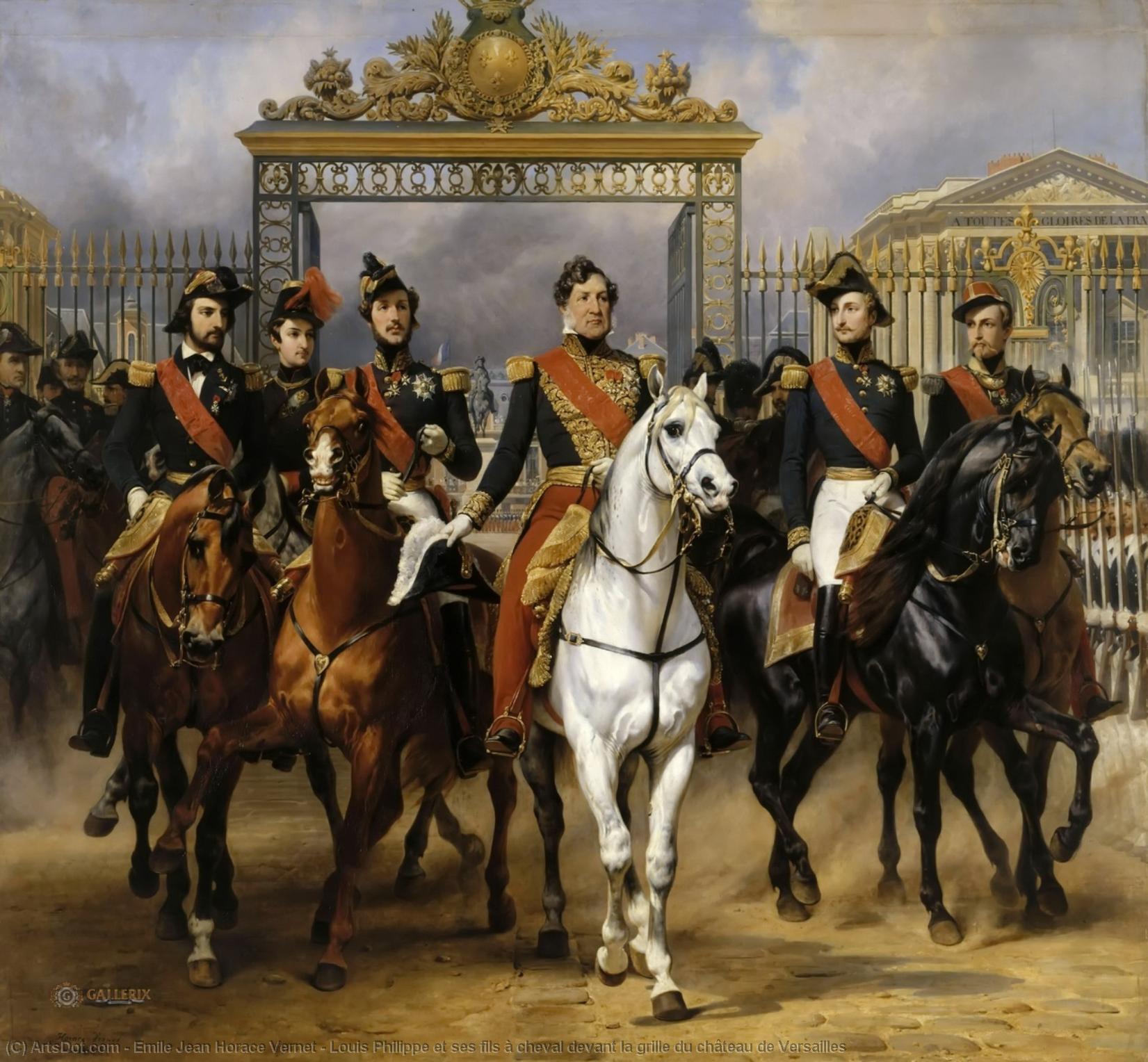 Order Paintings Reproductions Louis Philippe et ses fils à cheval devant la grille du château de Versailles by Emile Jean Horace Vernet (1789-1863) | ArtsDot.com