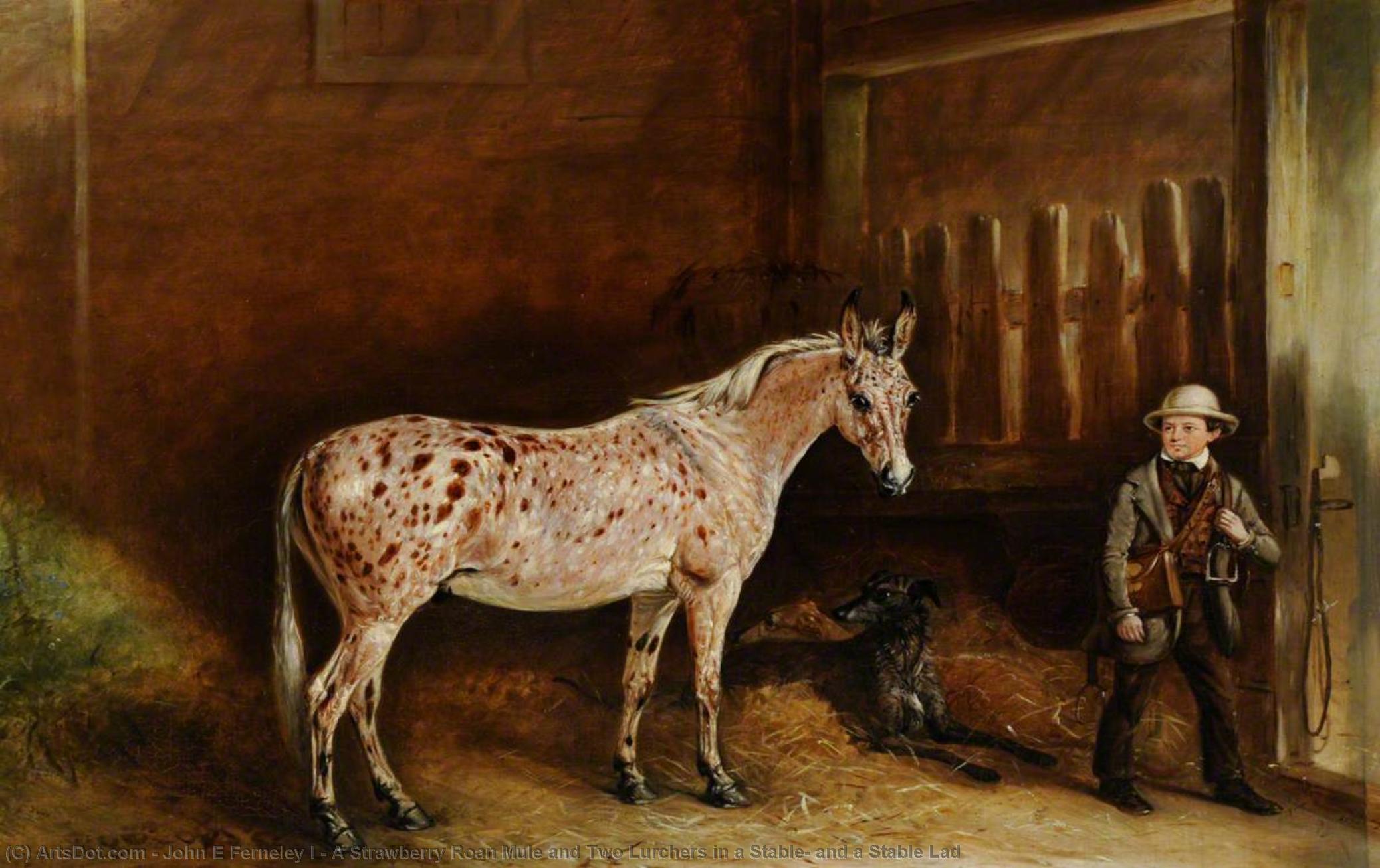 Buy Museum Art Reproductions A Strawberry Roan Mule and Two Lurchers in a Stable, and a Stable Lad, 1850 by John E Ferneley I | ArtsDot.com