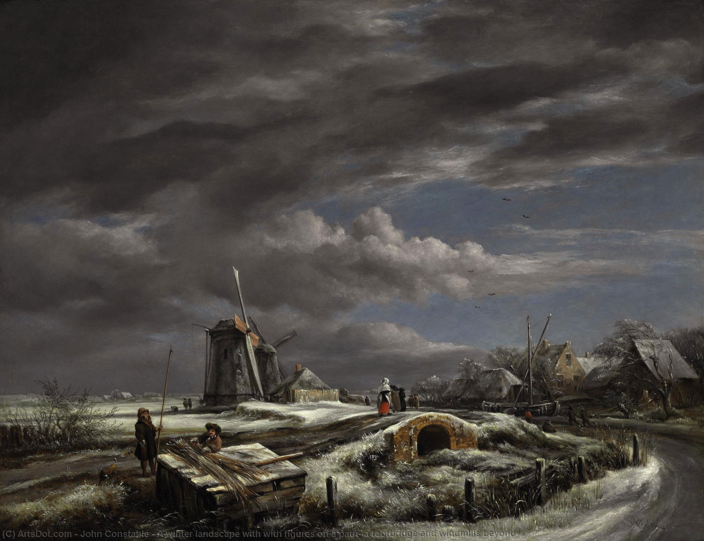 Order Art Reproductions A winter landscape with with figures on a path, a footbridge and windmills beyond by John Constable (1776-1837, United Kingdom) | ArtsDot.com