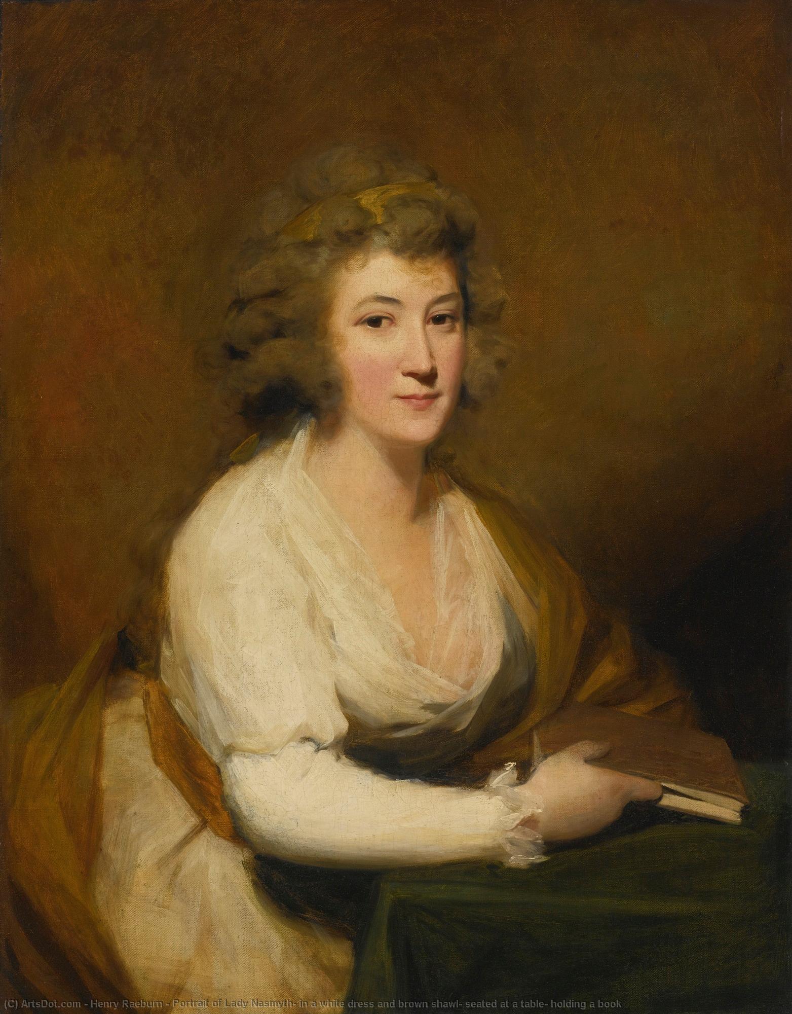Order Paintings Reproductions Portrait of Lady Nasmyth, in a white dress and brown shawl, seated at a table, holding a book by Henry Raeburn (1756-1823, United Kingdom) | ArtsDot.com