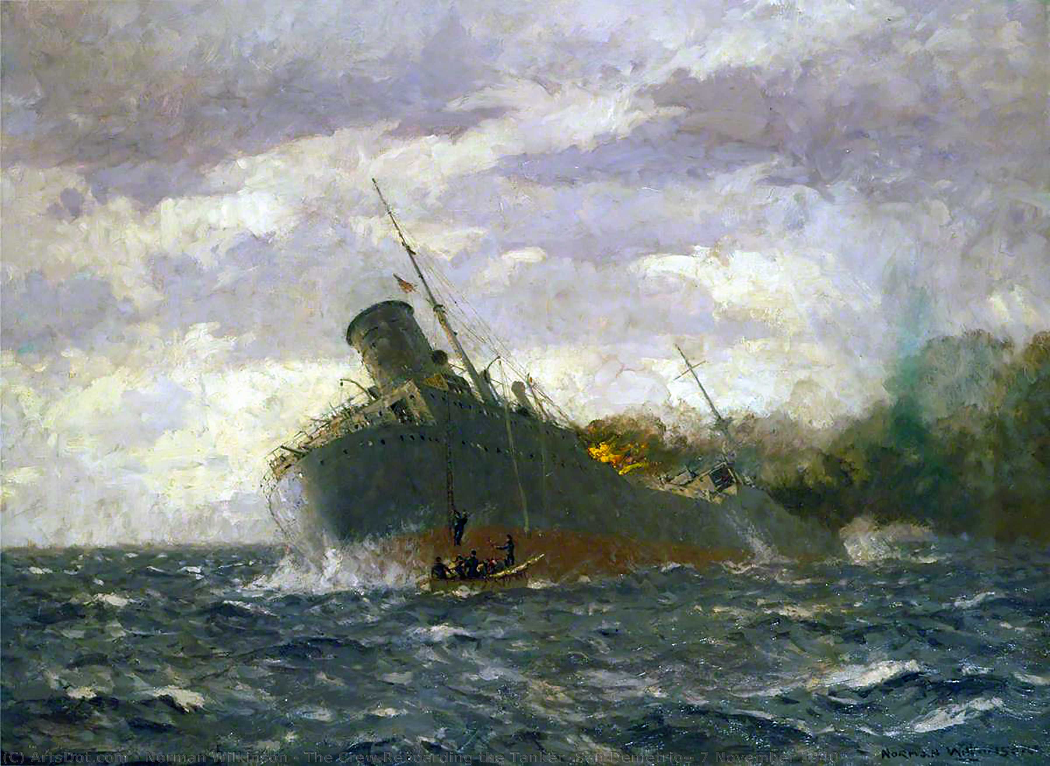 Order Oil Painting Replica The Crew Reboarding the Tanker `San Demetrio`, 7 November 1940, 1940 by Norman Wilkinson (Inspired By) (1878-1971) | ArtsDot.com