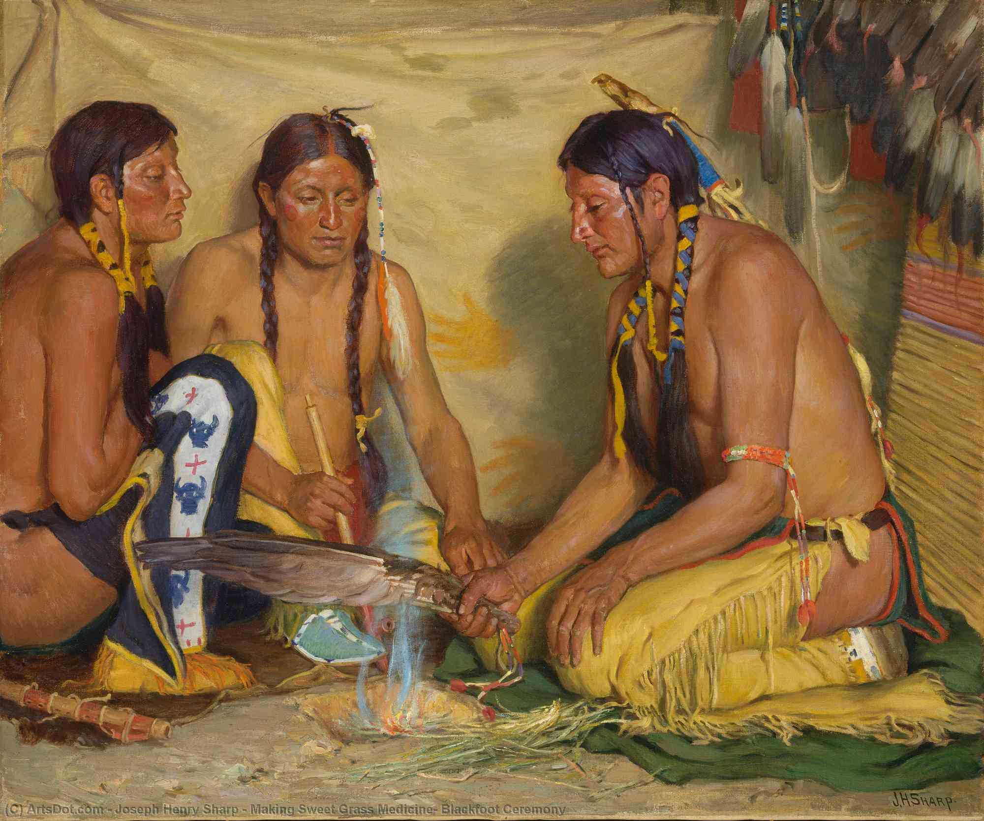 Order Paintings Reproductions Making Sweet Grass Medicine, Blackfoot Ceremony, 1920 by Joseph Henry Sharp (Inspired By) (1859-1953, United States) | ArtsDot.com
