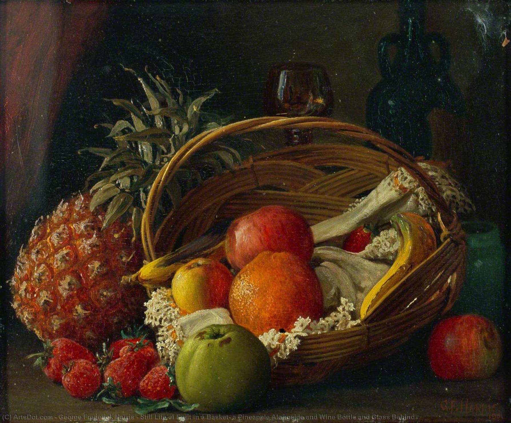 Order Oil Painting Replica Still Life of Fruit in a Basket, a Pineapple Alongside and Wine Bottle and Glass Behind, 1901 by George Frederick Harris (1856-1924) | ArtsDot.com