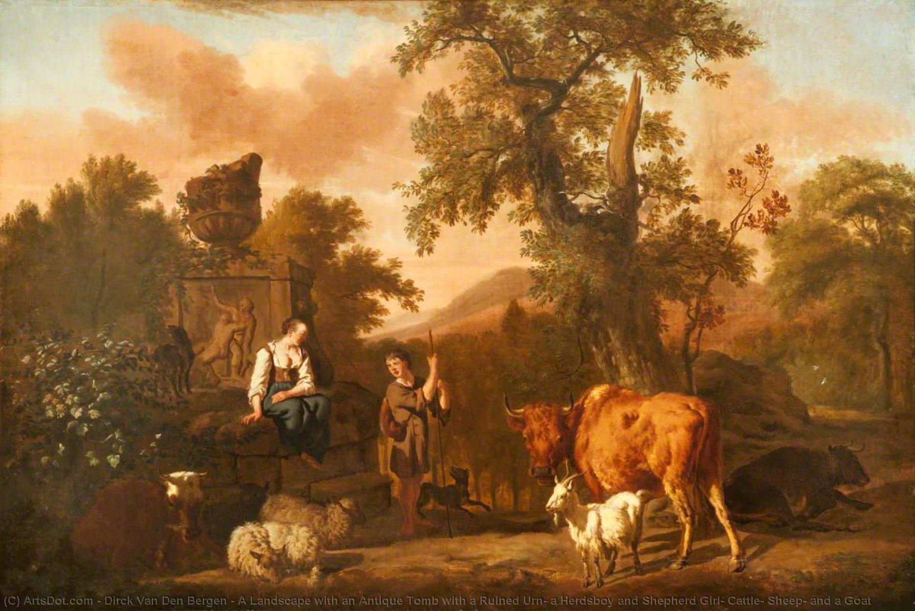 Order Artwork Replica A Landscape with an Antique Tomb with a Ruined Urn, a Herdsboy and Shepherd Girl, Cattle, Sheep, and a Goat, 1677 by Dirck Van Den Bergen (1645-1700) | ArtsDot.com