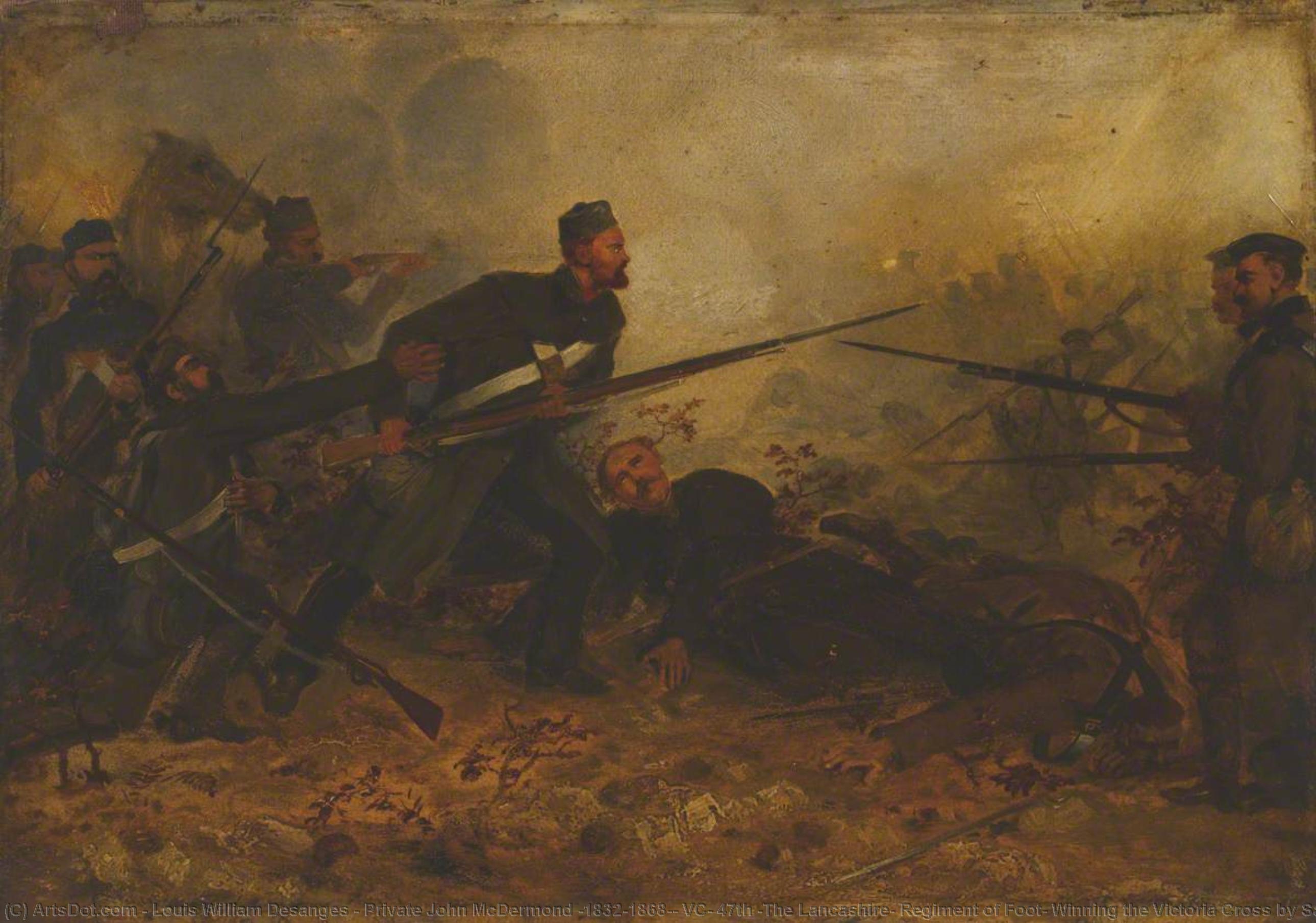 Order Oil Painting Replica Private John McDermond (1832–1868), VC, 47th (The Lancashire) Regiment of Foot, Winning the Victoria Cross by Saving Colonel Haly, His Commanding Officer, at Inkerman, on 5 November 1854, 1860 by Louis William Desanges | ArtsDot.com