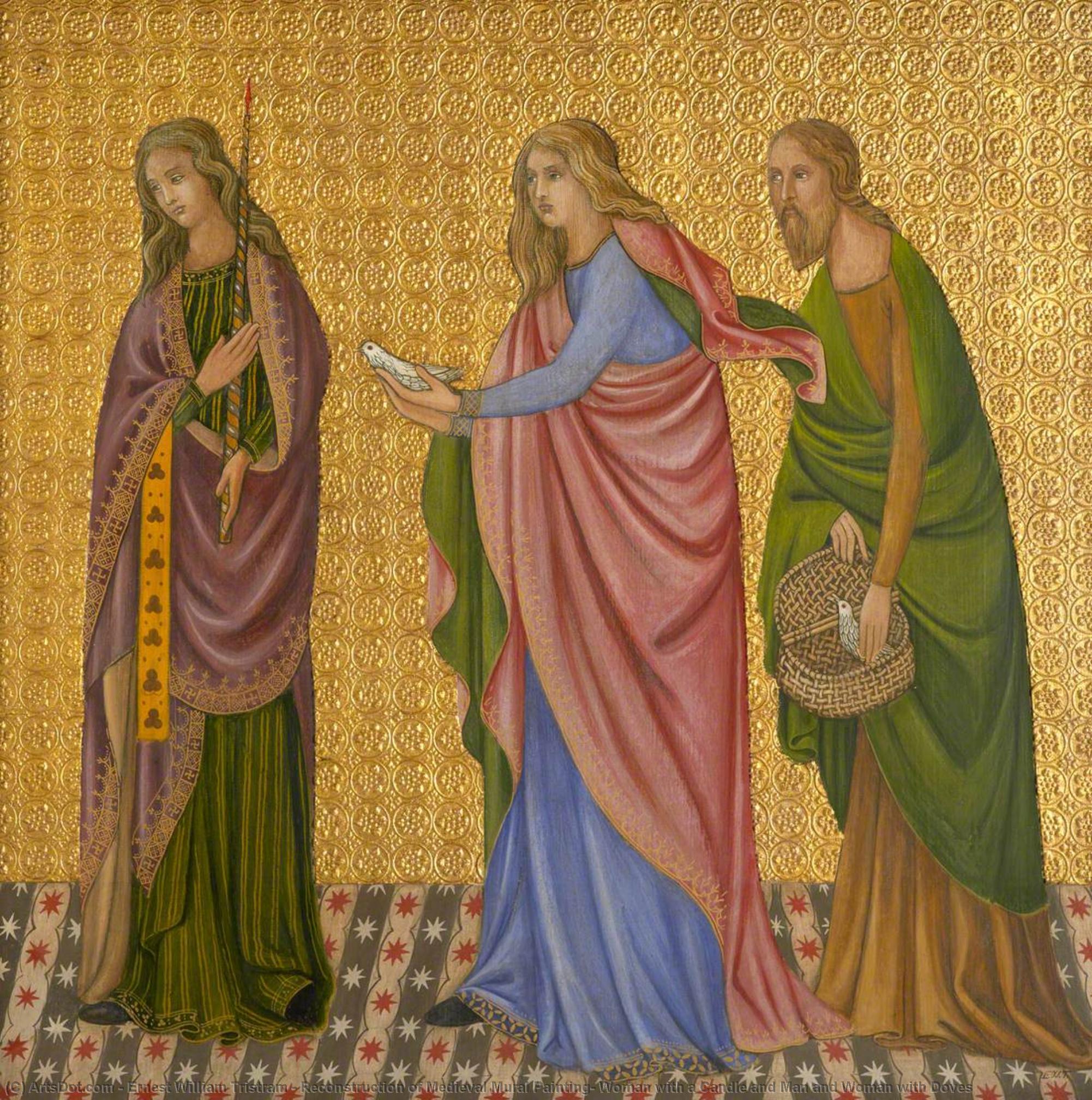 Order Artwork Replica Reconstruction of Medieval Mural Painting, Woman with a Candle and Man and Woman with Doves, 1927 by Ernest William Tristram (1882-1952) | ArtsDot.com