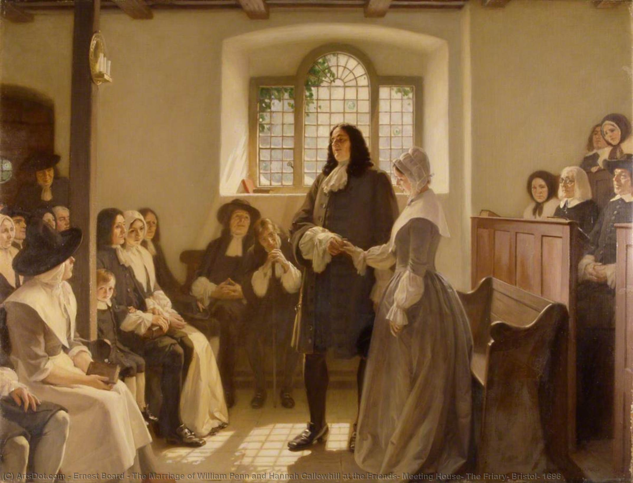 Order Oil Painting Replica The Marriage of William Penn and Hannah Callowhill at the Friends` Meeting House, The Friary, Bristol, 1696, 1916 by Ernest Board (1877-1934) | ArtsDot.com