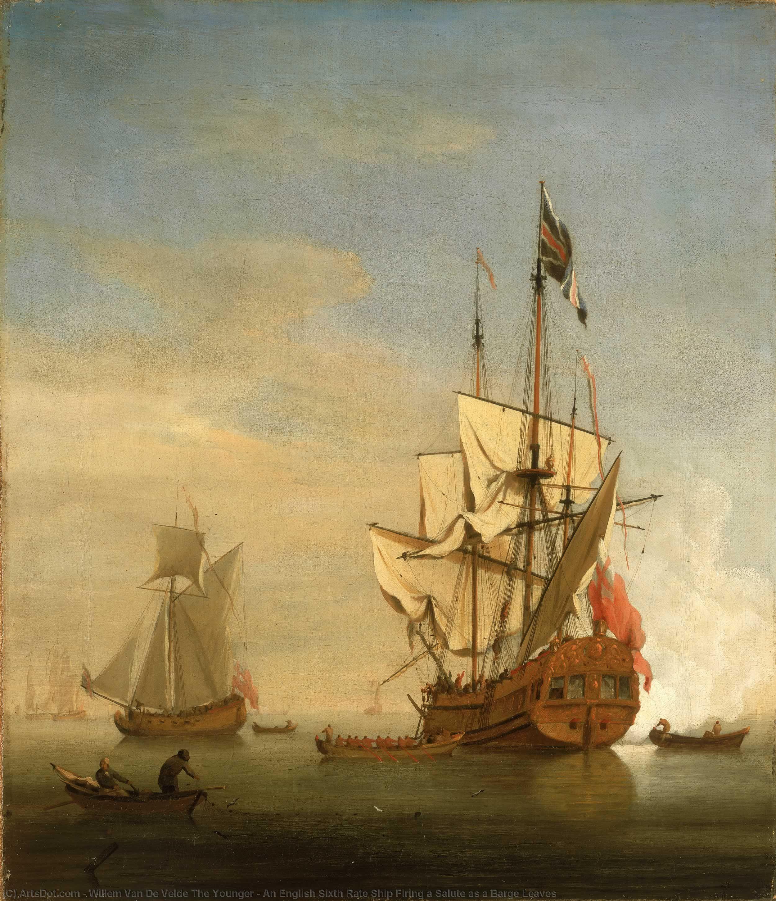 Buy Museum Art Reproductions An English Sixth Rate Ship Firing a Salute as a Barge Leaves, 1706 by Willem Van De Velde The Younger | ArtsDot.com