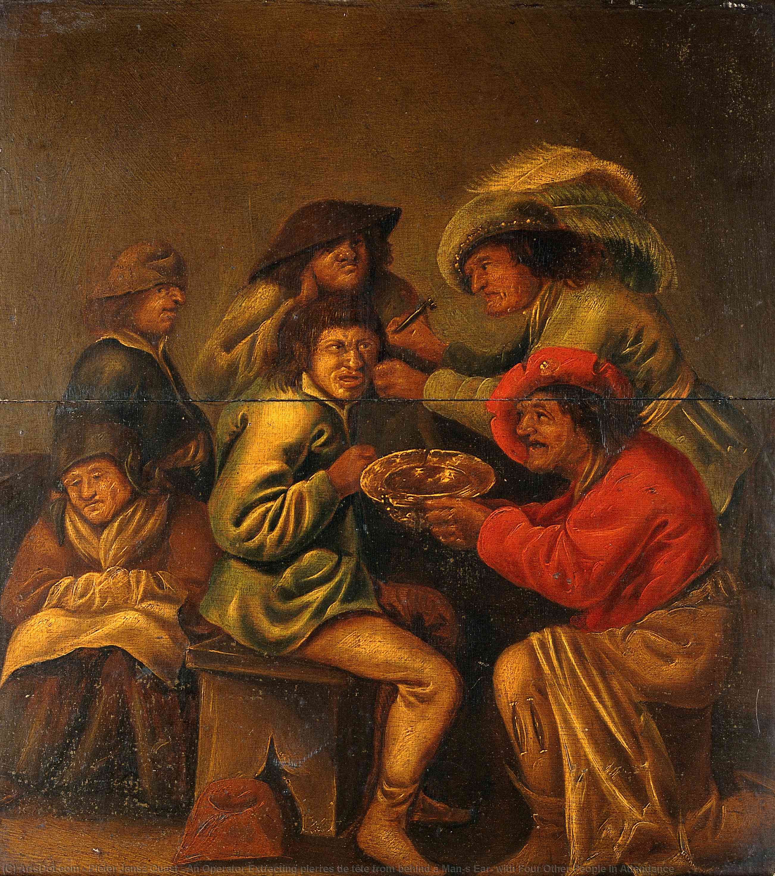 Order Oil Painting Replica An Operator Extracting pierres de tête from behind a Man`s Ear, with Four Other People in Attendance by Pieter Jansz Quast (1606-1647, Netherlands) | ArtsDot.com