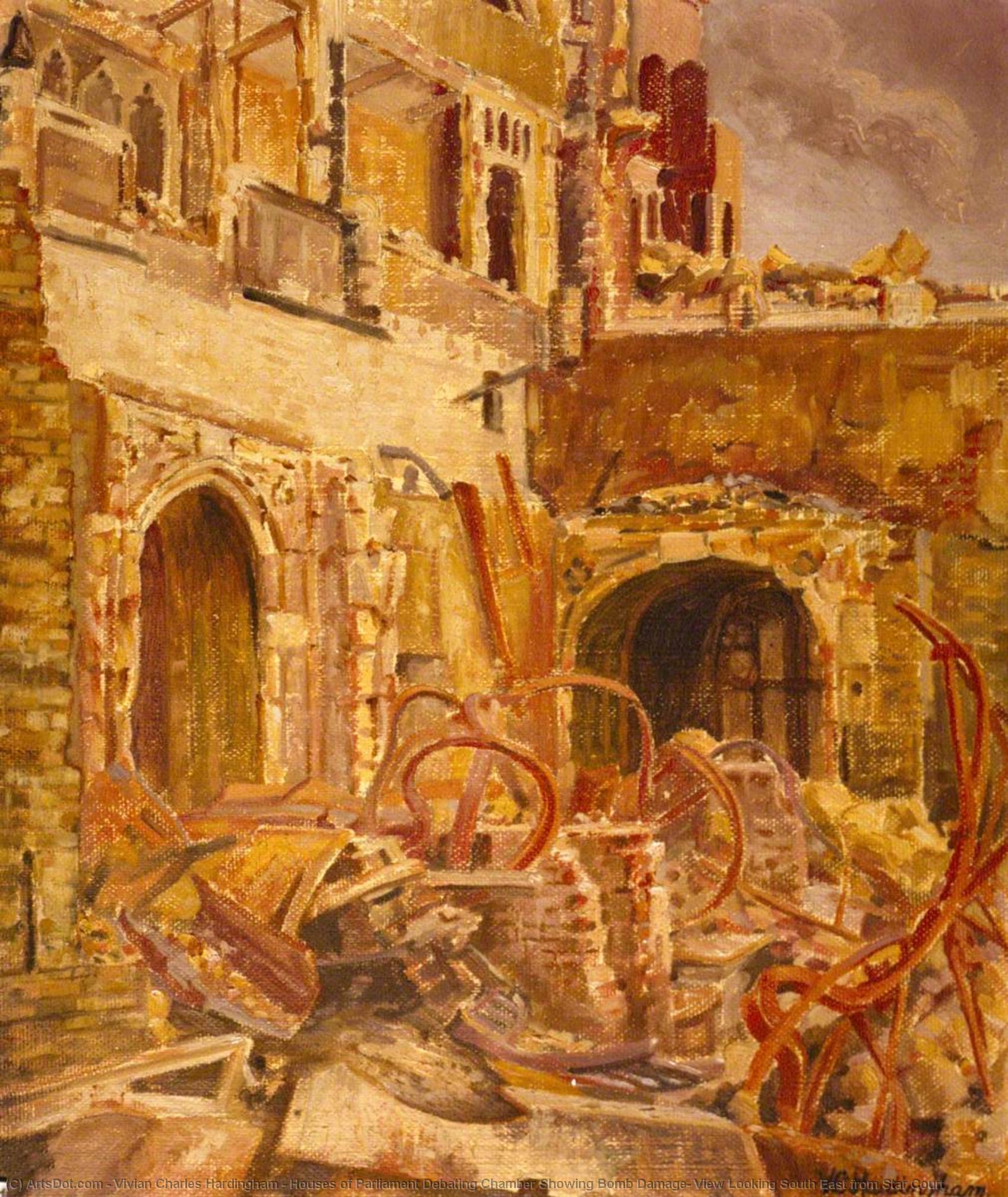 Order Art Reproductions Houses of Parliament Debating Chamber Showing Bomb Damage, View Looking South East from Star Court, 1941 by Vivian Charles Hardingham (Inspired By) (1893-1972) | ArtsDot.com