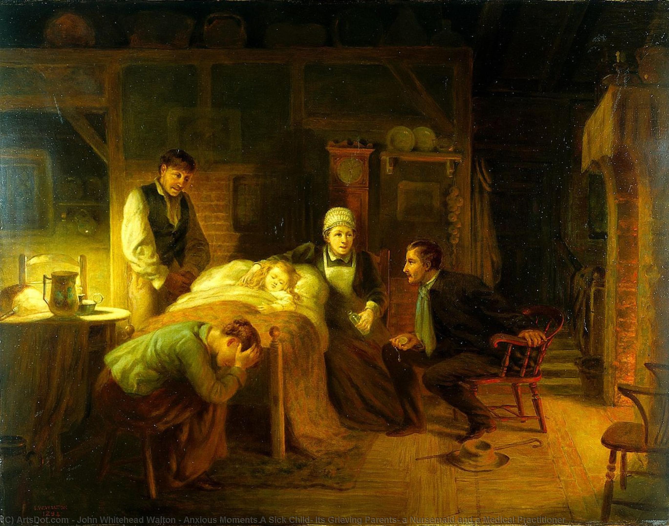 Kauf Museum Kunstreproduktionen Anxious Moments A Sick Child, Seine Grieving Eltern, eine Krankenschwester und ein medizinischer Praktizierender, 1894 von John Whitehead Walton (1815-1895) | ArtsDot.com