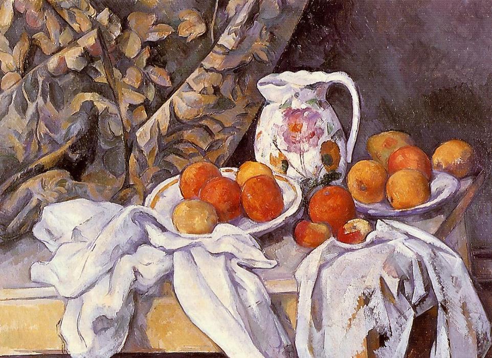 順序 絵画のコピー カーテンと花のピッチャーで静物, 1895 バイ Paul Cezanne (1839-1906, France) | ArtsDot.com