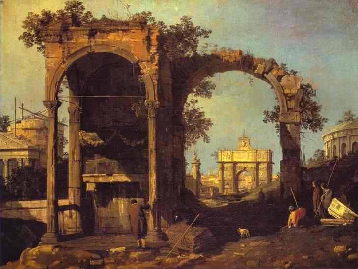 Order Oil Painting Replica Capriccio - Ruins and Classic Buildings by Giovanni Antonio Canal (Canaletto) (1730-1768, Italy) | ArtsDot.com