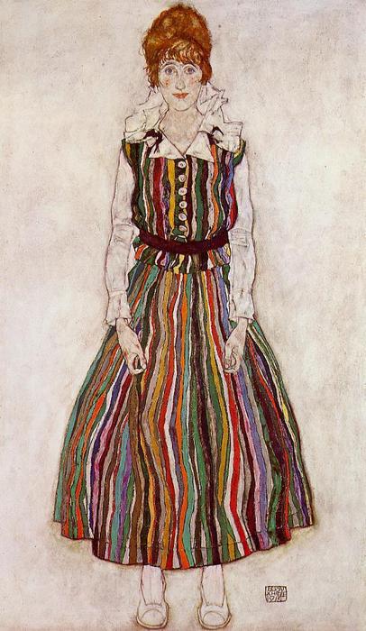Order Oil Painting Replica Portrait of Edith Schiele in a Striped Dress, 1915 by Egon Schiele (1890-1918, Croatia) | ArtsDot.com