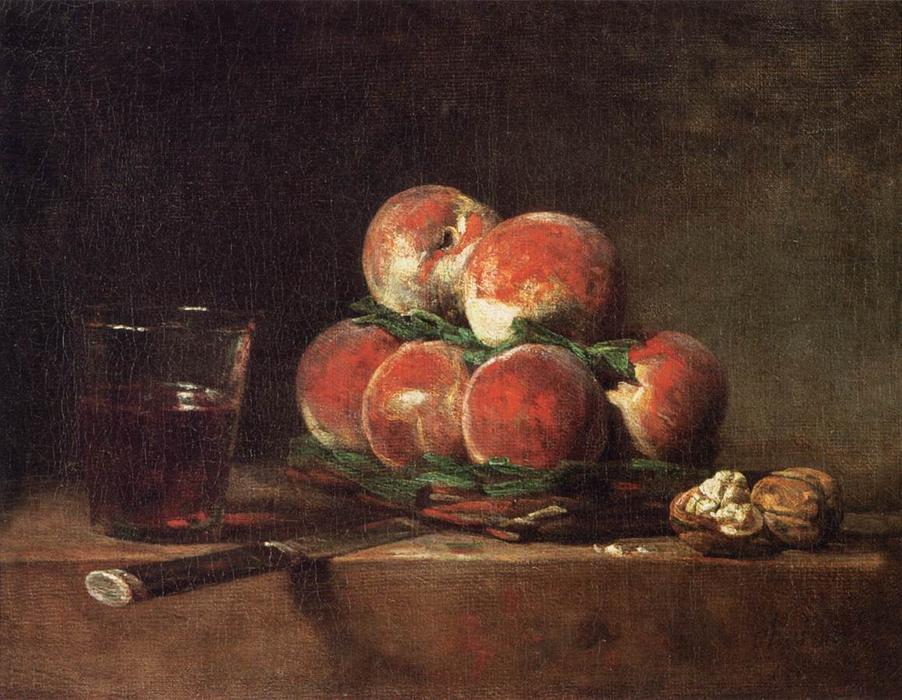 Order Paintings Reproductions Basket of Peaches, with Walnuts, Knife and Glass of Wine by Jean-Baptiste Simeon Chardin (1699-1779, France) | ArtsDot.com