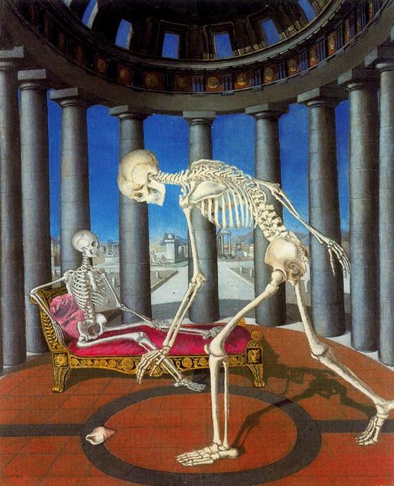 Order Oil Painting Replica The skeleton and the shell by Paul Delvaux (Inspired By) (1897-1994, Belgium) | ArtsDot.com