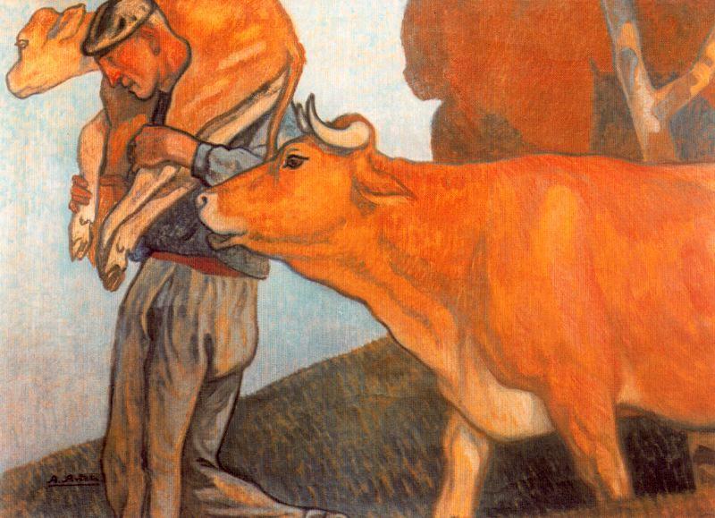 Buy Museum Art Reproductions Baserritarra con vaca y ternera by Aurelio Arteta (1879-1940, Spain) | ArtsDot.com