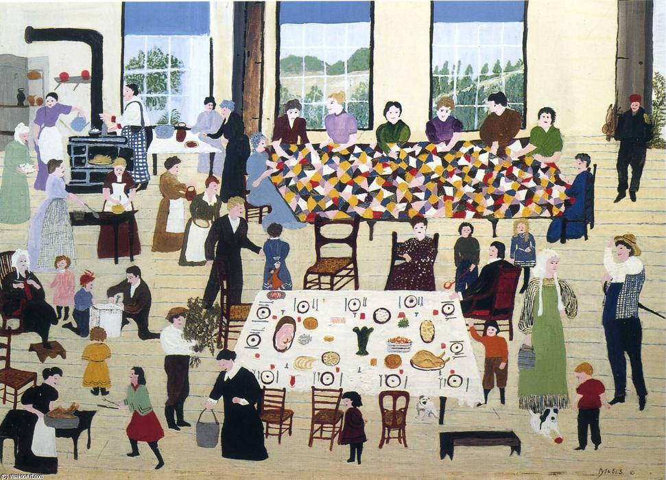 Order Paintings Reproductions Quilting Bee by Grandma Moses (Anna Robertson) (Inspired By) (1860-1961, United States) | ArtsDot.com