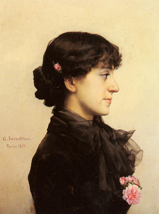 Order Oil Painting Replica A lady in black with pink roses by Gunnar Berndtson (1854-1895, Finland) | ArtsDot.com