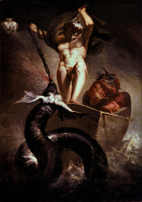 Order Art Reproductions Thor Battering the Midgard Serpent by Henry Fuseli (Johann Heinrich Füssli) (1741-1825, Switzerland) | ArtsDot.com