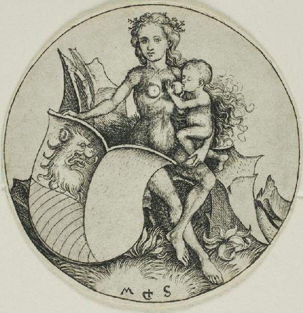 Order Paintings Reproductions Shield with a Lion`s Head,Held by a Wild Women by Martin Schongauer (1450-1491, Germany) | ArtsDot.com