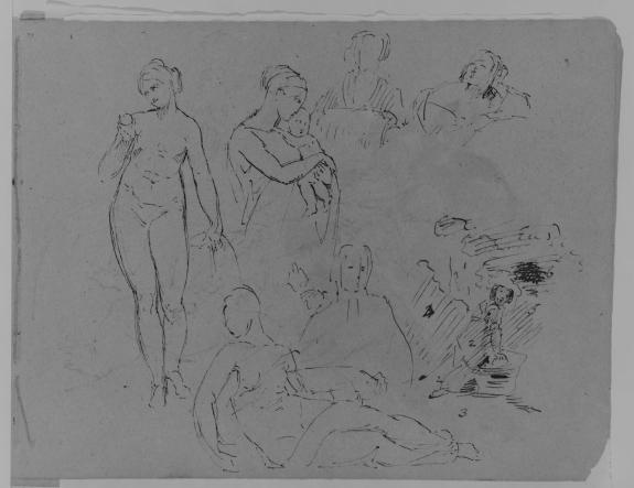 Buy Museum Art Reproductions Seven Figure Sketches. Standing Female Nude with Fruit; Madonna and Child; Two Female Busts; Recumbent Semi-nude Figure by Thomas Sully (1783-1872, United Kingdom) | ArtsDot.com